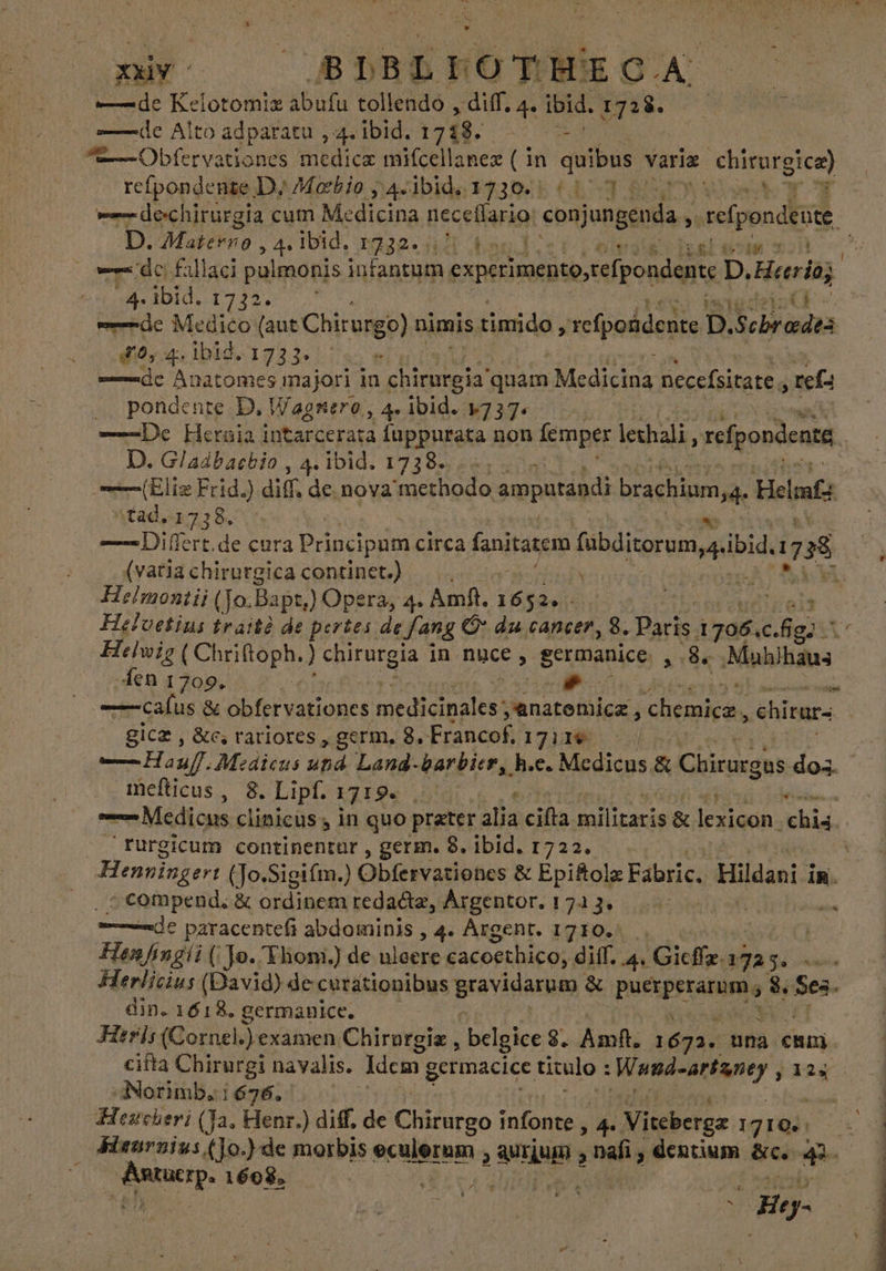 - EN * py o —BDBbHOTNEO.A ass Keloromix abufu tollendo , diff. 4« ibid. 1728. de Alto adparatu , 4. ibid. 1713. i05 EN io e—Obfervationes medica mifcellanez (in quibus varia chirurgicz) refpondente D. Meebio SA IDIde) TP30 (10 00v (i -— dechirürgia cum Medicina neceffario conjungenda, T rolpondente, D. Materno, 4. Ibid, 1232. 5d an disi, ora lla xo V == de fallaci pulmonis infantum experimento,refpondente D. Heeriog de ibid. 1732... dua dc Medico (aut Chirurgo) nimis timido, xefpoádente D. Sebrodes FO, 4. Ibid. 1733. de Anatomes majori in dedu quam Medicina necefsitate , ref: . .pondente D, Wagnero, 4» lbid. 9.7374. 2 —De Hernia intarcerata fuppurata non femper lechali, refpondente : D. Glaábacbio , 4. ibid. 1738. —(Eliz Frid.) diff. de nova methodo amputandi brackinma Helm “tad. 1738. a d de cura Principum circa fasitatem fübóitorumygib ibid. 17 738 M (vatia chirurgica continet.) : Helmontii (Jo. Bapt, ) Opera, 4. Amft. persi Hefoetius traità de pertes defanz (* du cancer, 8. Paris 170840. ga: Ar Helwig ( Chriftoph. ) chirurgia i in nuce , ASES à 8. ¡Nba haus ¿en 1709. | e i fih —calus &amp; obfervationes medicinales ,anatemicz , chemice ehirurs gica, &amp;e, rariores, germ, 8. Francof, 17116 | — Hauff. Medicas und Land-barbicr, h.e. Medicus &amp; Chirurgus doa. mefticus , 8. Lipf. IS jid e — Medicus clinicus , in quo prater alia cifta militaris &amp; lexicon hii rurgicum continentur , germ. 8. ibid. 1722. V Henvinger: (Jo.Sigiím.) Obfervationes &amp; Epi&amp;olz Fabric. Hildani ¡ IR. -compend, &amp; ordine redaéte, Árgentor. 174 3. diet ids — de cias abdominis, 4. Argent. 1710... | Hoan fingíi ( Jo. Thom.) de uleere cacoethico; diff. 4. Gicffz. anas S Herlicius (David) de curationibus pravidaruio &amp; PUPA TM S [oo din. 1618. germanice. Hirls (Cornel.) examen Chirurgiz , belgice 8. Amft. 1673. una emm cifta Chirurgi navalis. Idem. germacice titulo : MT y 3 i 4Norimb;1676. . TM Heusheri (Ja, Henr.) diff. de Chirurgo infonte  p Viteberga 1710. Po od Heurnius (Jo.) de morbis eculerum , aurium  nahi, dentium &amp;c. + | a ane: 1608, | Hg.