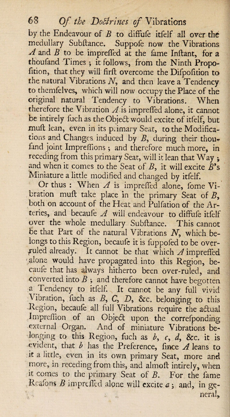 by the Endeavour of B to diffufe itfelf all over the medullary Subftance. Suppofe now the Vibrations ^ and B to be impreffed at the fame Inftant, for a thoufand Times; it follows, from the Ninth Propo- fition, that they will firft overcome the Difpofition to the natural Vibrations Ar, and then leave a Tendency to themfelves, which will now occupy the Place of the original natural Tendency to Vibrations. When therefore the Vibration A is impreffed alone, it cannot be intirely fuch as the Objedt would excite of itfelf, but Jnuft lean, even in its primary Seat, to the Modifica¬ tions and Changes induced by Z?, during their thou¬ fand joint Imprefiions; and therefore much more, in receding from this primary Seat, will it lean that Way *, and when it comes to the Seat of B, it will excite B9s Miniature a little modified and changed by itfelf. Or thus : When A is impreffed alone, fome Vi¬ bration mult take place in the primary Seat of Z?, both on account of the Heat and Pulfation of the Ar¬ teries, and becaufe A will endeavour to diffufe itfelf over the whole medullary Subftance. This cannot be that Part of the natural Vibrations iV, which be¬ longs to this Region, becaufe it is fuppofed to be over¬ filled already. It cannot be that which A impreffed alone would have propagated into this Region, be¬ caufe that has always hitherto been over-ruled, and converted into B *, and therefore cannot have begotten a Tendency to itfelf. It cannot be any full vivid Vibration, fuch as B, C, Z), &c. belonging to this Region, becaufe all full Vibrations require the a£tual Impreffion of an Object upon the correfponding external Organ. And of miniature Vibrations be¬ longing to this Region, fuch as b, c, d, &c. it is evident, that b has the Preference, fince A leans to it a little, even in its own primary Seat, more and more, in receding from this, and almoft intirely, when it comes to the primary Seat of B. For the fame Redons B impreffed alone will excite a \ and, in ge¬ neral.