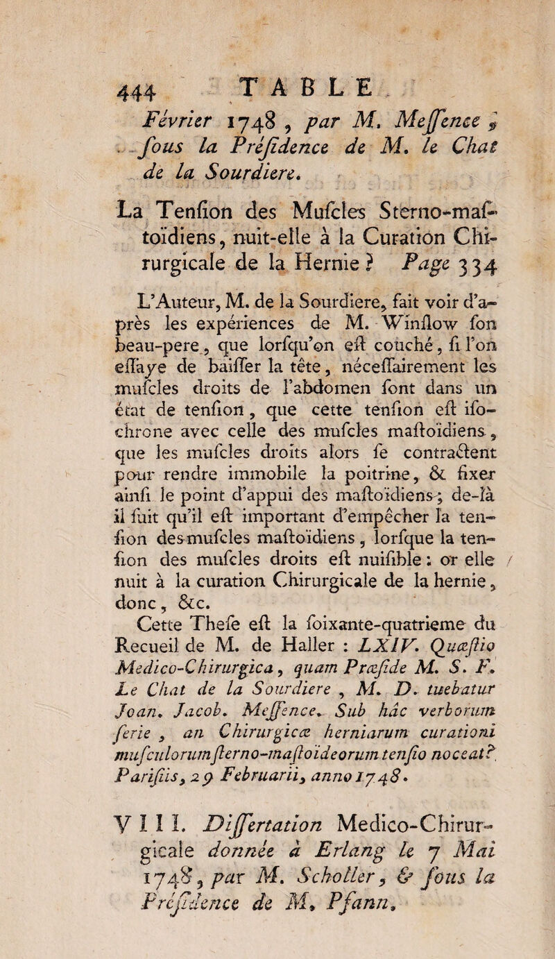 Février 1748 , par M, Mejfenee f . fous la Préjîdence de M. le Chat de la Sourdiere. La Tenfion des Mufcles Sterno-maf- toïdiens, nuit-elle à la Curation Chi¬ rurgicale de la Hernie? Page 334 L’Auteur, M. de la Sourdiere, fait voir d’a¬ près les expériences de M. Wmflow fon beau-pere, que lorfqu’on efl couché, fi Ton eflaye de bailler la tête, néceffairement les mufcles droits de l’abdomen font dans un état de tenfion, que cette tenfion efl ifo- chrone avec celle des mufcles mafloïdiens, que les mufcles droits alors fe contractent pour rendre immobile la poitrine, & fixer ainfi le point d’appui des mafloïdiens'; de-îà il fuit qu’il efl important d’empêcher la ten¬ fion des mufcles mafloïdiens , lorfque la ten¬ fion des mufcles droits efl nuifible : or elle nuit à la curation Chirurgicale de la hernie, donc, &c. Cette Thefe efl la foixante-quatrieme du Recueil de M. de Haller ; LXlV. Quœflio Medico-C himrgica , quam Prœfide M. S. F. Le Chat de la Sourdiere , AL D. tuehalur Joan, Jacob, Mejfenee, Sub hâc verborum ferie , an Chirurgical herniarum curationi mufculorumjlerno-inajloïdeorum tenjio noceatl Parfis, 29 Februarii, anno ly 48. V I ï I. Dijfertation Medico-Chirur- gicaîe donnée à Erlang le 7 Mai 1748 3 par M. S c ho lier , & Jbus la Préjîdence de M* Pfann,