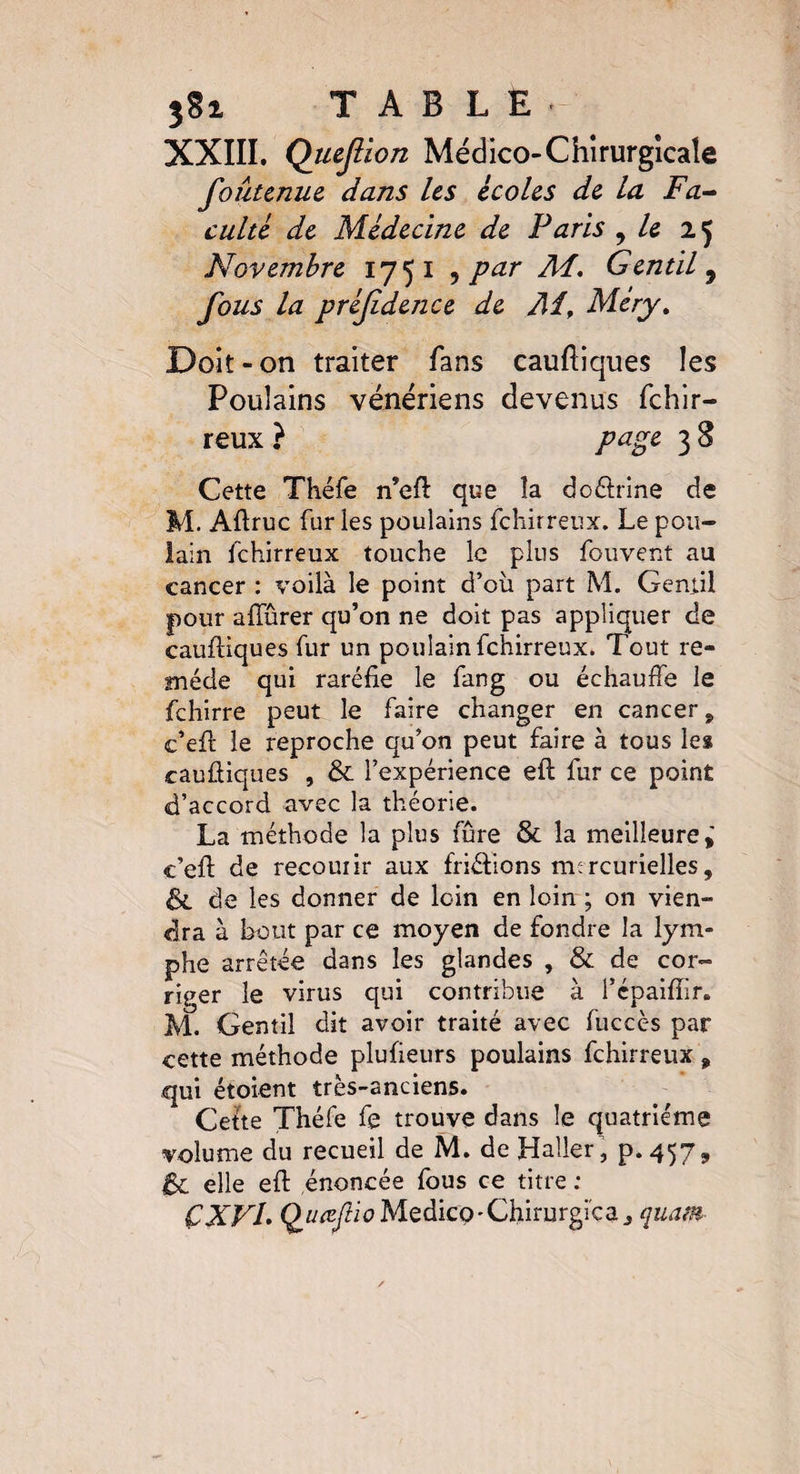 jïi TABLE - XXIII. Queflion Médico-Chirurgicale foûtenue dans les écoles de la Fa¬ culté de Médecine de Paris ^ le 2 J Novembre 1751 , par Ad. Gentil, fous la préfdence de Ai, Mèry. Doit-on traiter fans cauftiques les Poulains vénériens devenus fehir- reux ? page 3 8 Cette Théfe n’eft que la doéhine de M. Aftruc fur les poulains fehirreux. Le pou¬ lain fehirreux touche le plus fouvent au cancer : voilà le point d’où part M. Gentil pour affûrer qu’on ne doit pas appliquer de cauftiques fur un poulain fehirreux. Tout re¬ mède qui raréfie le fang ou échauffe le fehirre peut le faire changer en cancer, c’efi: le reproche qu’on peut faire à tous les cauftiques , & l’expérience eft fur ce point d’accord avec la théorie. La méthode la plus fûre & la meilleure,' e’efi: de recouiir aux friétions mercurielles, 6c de les donner de loin en loin ; on vien¬ dra à bout par ce moyen de fondre la lym¬ phe arrêtée dans les glandes , & de cor¬ riger le virus qui contribue à l’épaifiir* M. Gentil dit avoir traité avec fuccès par cette méthode plufieurs poulains fehirreux , qui étoient très-anciens. Cette Théfe fe trouve dans le quatrième volume du recueil de M. de Haller , p. 457, & elle eff énoncée fous ce titre .* çxvi. Quœjlio Medico* Chirurgi e a 3 quant