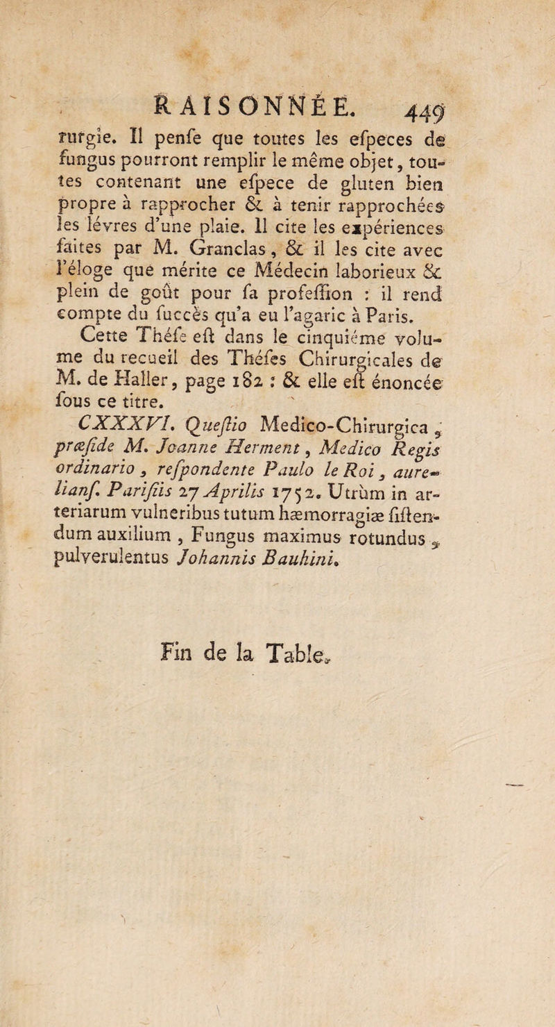 îurgîe. Il penfe que toutes les efpeces de fungus pourront remplir le même objet, tou¬ tes contenant une efpece de gluten bien propre à rapprocher & à tenir rapprochées les léyres d’une plaie. 11 cite les expériences faites par M. Granclas, & il les cite avec 1 éloge que mérite ce Médecin laborieux & plein de goût pour fa profeffion : il rend compte du fuccès qu’a eu l’agaric à Paris. Cette Théfe eft dans le cinquième volu¬ me du recueil des Théfes Chirurgicales de M. de Haller, page 182 ? & elle eft énoncée fous ce titre. C XXX PL Quejlio Medico-Chirurgica 9 prcefide M. Jeanne Herment, Medico Regis orainario , refpondente Paulo le Roi, anre* lianf. Ptirifiis 27 Aprilis 1752. Utrùm in ar~ teriarum vulneribus tutum hæmorragiæ liflen- dum auxilium , Fungus maximus rotundus * pulyerulentus Johannis Bauhini. Fin de la Table*