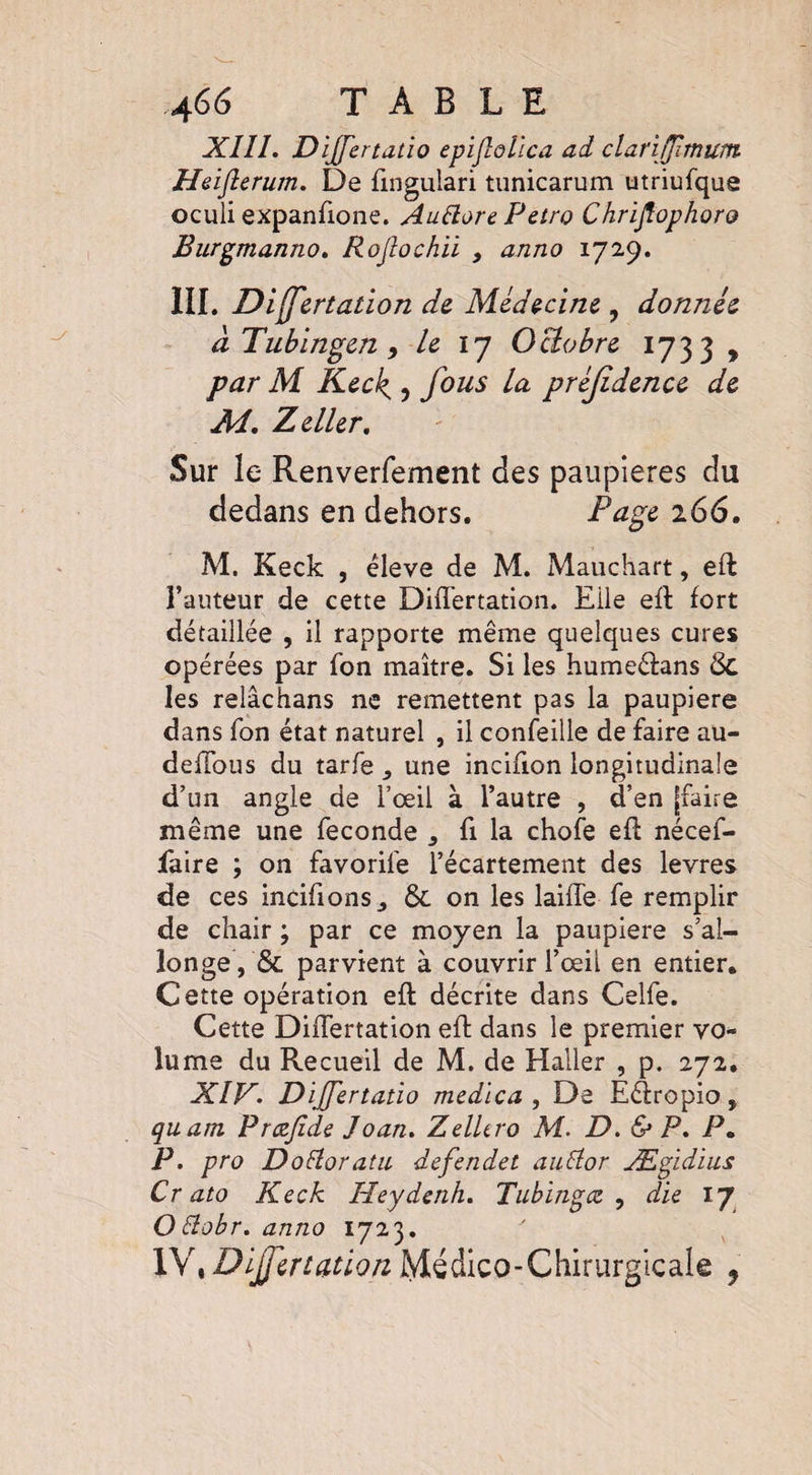 XIII. Dijjertatio epijîolica ad clariflîmurti Heijlerum. De fingulari tunicarum utriufque oculi expanfione. Aulîore Petro Chrijiophoro Burgmanno. Rojîochii 9 anno 1729. III. Dijfertation de Médecine ? donnée à Tubingen , le 17 Octobre 1733 » par M Keck^, fous la préjîdence de Ad. Zeller. Sur îe Renverfement des paupières du dedans en dehors. Page 266. M. Keck , éleve de M. Mauchart, eft Fauteur de cette Diflertation. Eile eft fort détaillée , il rapporte même quelques cures opérées par fon maître. Si les humeétans & les relâchans ne remettent pas la paupière dans Ton état naturel , il confeille de faire au- deffous du tarfe , une incifion longitudinale d’un angle de l’œil à l’autre , d’en [faire même une fécondé 9 fi la chofe eft nécef- faire ; on favorife l’écartement des levres de ces incifions,, & on les laifîe fe remplir de chair ; par ce moyen la paupière s’al¬ longe, & parvient à couvrir l’œil en entier. Cette opération eft décrite dans Celfe. Cette DifTertation eft dans le premier vo¬ lume du Recueil de M. de Haller , p. 272. XIV. Dijfertatio medica , De Eétropio, quam Prœfide Joan. Zellero M. D. & P. P. P. pro Dottoratu defendet auttor Ægidius Cr ato Keck Heydenh. Tubingen , die 17 Otfobr. anno 1723. 1Y % Dijfertation Médico-Chirurgicale ,