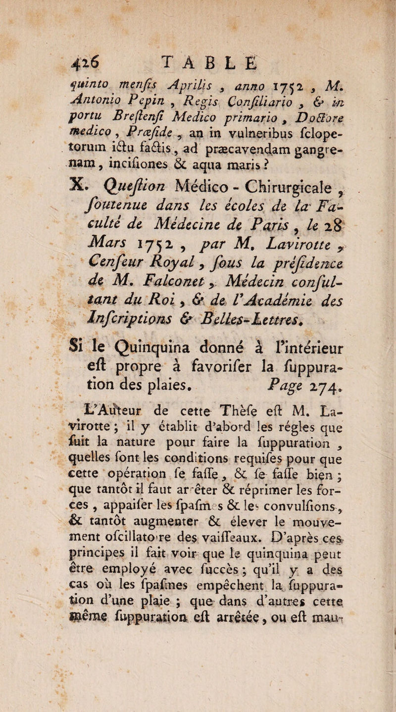 quinto m en fis Aprilis s anno 1752 5 M. Antonio Pépin , Regis ConfiLiario , & m portu Breflenji Medïco prïmarïo 3 Dp Bore medico, Prczfide , an in vulneribus fclope- îorum iélu fa élis, ad praecavendam gangre¬ nai», inciûones 8e aqua maris ? X. Quejiion Médico - Chirurgicale r foutenue dans les écoles de la' Fa¬ culté de Médecine de Paris ? le 28 Mars 1752 , par M, Lavirotte ? Cenfeur Royal , fous la préjidsnce de M. Falco net 9 Médecin conful- tant du Roi, & de VAcadémie des Infcriptions & Belles-Lettres. Si îe Quinquina donné à l’intérieur eft propre à favorifer la fuppura¬ tion des plaies. B âge 274. L^Àilteur de cette Thèfe eft M. La¬ virotte ; il y établit d’abord les régies que fuit la nature pour faire la fuppuration , quelles font les conditions requifes pour que cette opération fe fade 8e fe faite bien ; que tantôt H faut arrêter 8e réprimer les for¬ ces , appaiiér les fpafm s 8e le1- convulfions, & tantôt augmenter 8e élever le mouve¬ ment ofcillatO’re des vaiffeaux. D’après ces principes il fait voir que le quinquina peut être employé avec fuccès ; qu’il y a des cas où les fpafmes empêchent la fuppura¬ tion d’une plaie ; que dans d’autres cette i&ême fuppuration eil arrêtée, ou eft mau~