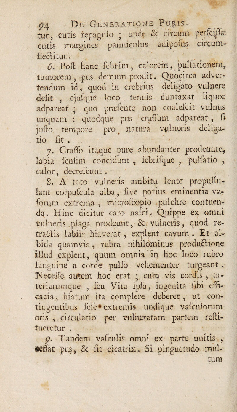 tur, cutis repag cutis margines flebitur. 6. Poft hanc febrim, calorem, pullationem, tumorem, pus demum prodit * Quocirca adver¬ tendum id, quod in crebrius deligato vulnere defit , ejufque loco tenuis duntaxat liquor adpareat * quo pradente non coaleicit vulnus unquam : quodque pus craffum adpareat , fi jufto tempore pro < natura vulneris deliga- tio fit . ’ _ ■» 7. CrafTo itaque pure -abundanter prodeunte, labia lenfirn concidunt y febrilque , pullatio , calor, decrefcunt 8. A toto vulneris ambitu lente propullu- lant corpufcula alba, five potius eminentia va« forum extrema , microlcopio pulchre contuen¬ da. Hinc dicitur caro nafcL Quippe ex omni vulneris plaga prodeunt, & vulneris, quod re¬ tractis labiis hiaverat , explent cavum . Et al¬ bida quamvis , rubra nihilominus produdhone illud explent, quum omnia in hoc loco rubro fanguine a corde pullo vehementer turgeant . Neceife autem hoc erat ; cum vis cordis , ar- teriammque , feu Vita ipfa, ingenita libi effi¬ cacia, hiatum ita complere . deberet , ut con¬ tingentibus fele* extremis undique valculorum oris , circulatio per vulneratam partem refii- tueretur . 9. Tandem vafculis omni ex parte unitis , ieffat pus, & fit cicatrix,. Si pinguetudo mul¬ tum .0 • unde & circum perfcipe panniculus adipofus circum-