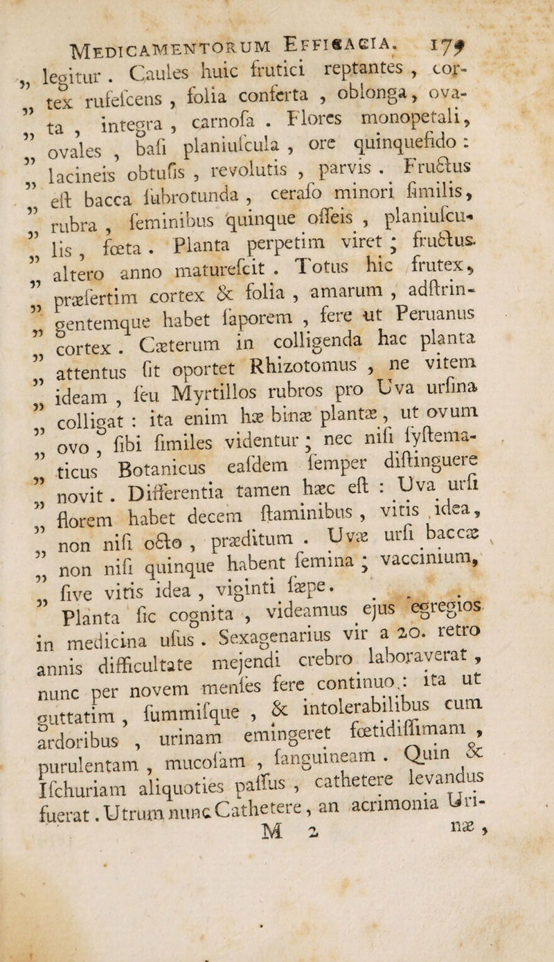 leoitur . Caules huic frutici reptantes , cor- te° rufelcens , folia conferta , oblonga, ova¬ ta integra , carnofa . Flores monopetali, ovales , bafi planiulcula , ore quinquefido : lacineis obtufis , revolutis , parvis . FruSus elf bacca 1'ubrotunda , cerafo minori finuhs, rubra , feminibus quinque offeis , planiufcu- lis , foeta . Planta perpetim viret ; frutPus. altero anno maturefcit . 'I otus hic frutex, prsefertim cortex folia , amarum , adfliin- oentemque habet faporem , fere ut Peruanus cortex . Cxterum in colligenda hac planta attentus fit oportet Rhizotomus , ne vitem ideam , leu Myrtillos rubros pro Uva urfina collidat : ita enim h:e bina: planta: , ut ovum ovo ° fibi fimiles videntur ; nec nili lyftema- ticus Botanicus eafdem femper diftinguerd novit. Differentia tamen haec eft : Uva uni florem habet decem flaminibus, vitis ^ldea, non nifi ofto , proditum . Uvx urfl bacca: non nifi quinque habent femina ; vaccinium, five vitis idea, viginti line. Planta fic cognita , videamus ejus egregios in medicina ufus . Sexagenarius vir a zo. retro annis difficultate mejendi crebro . laboraverat , nunc per novem menfes fere continuo,: ita ut guttatim , fummifque , Sc intolerabilibus cui ardoribus , urinam emingeret fcetidiffimam , purulentam , mucofam , fanguineam . Qum ^ Ifchuriam aliquoties paffus , cathetere levandus fuerat. Utrum mine Cathetere, an acrimonia Uu- 33 33 33 33 33 33 35 33 33 33 33 33 33 33 33 33 >3 33 33 33 33 M z nx