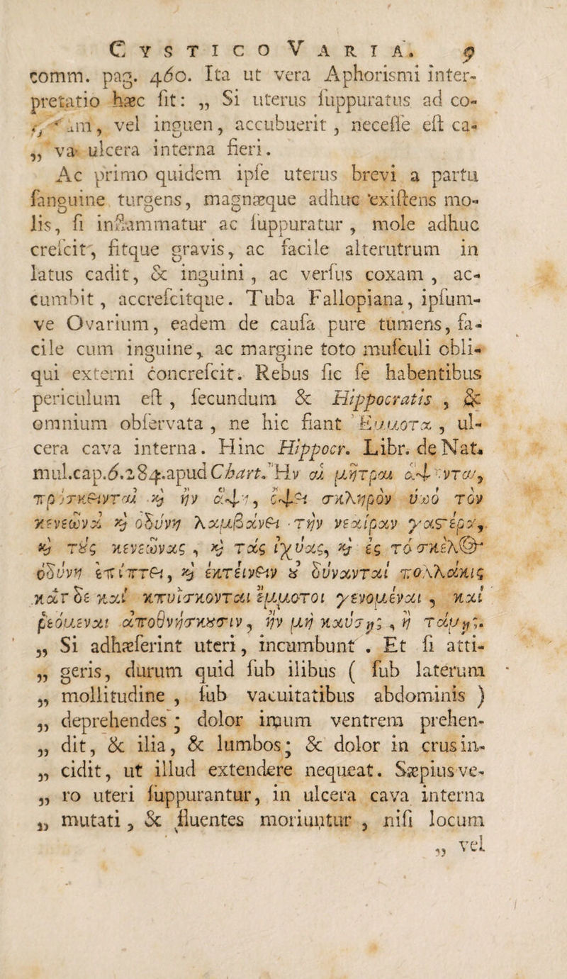 'J comm. pag. 4^0. Ita ut vera Aphorismi inter¬ pretatio haec fit: „ Si uterus fuppuratus ad co- *' ani, vel inguen, accubuerit , necefle eft ca¬ va- ulcera interna fieri. Ac primo quidem ipfe uterus brevi a partu fanguine turgens, magnaeque adhuc 'exi(lens mo¬ lis, fi inSammatur ac luppuratur , mole adhuc creibit, fitque gravis, ac facile alterutrum in latus cadit, 6c inguini, ac verius coxam, ac¬ cumbit, accrefcitque. Tuba Fallopiana, ipfuni¬ ve Ovarium, eadem de caufa pure tumens, fa¬ cile cum inguine, ac margine toto mufculi obli¬ qui externi concrefcit. Rebus fic fe habentibus periculum eft , fecundum & Hippocratis , & omnium obfervata , ne hic fiant Euuorx , ul¬ cera cava interna. Hinc Hippocr. Libr. de Nat* mul.cap.{5.284.apudC^rf. Hv al tpyjrpou c.4- vrc/jy Tp :TK^lVT'tl 4 W C'4 ' ? cT- <TXXtJpQV VjOQ TOV yi^nrnx 4 ohuwj Xxu&xv&i ryv vexipxv yxs~epxT 4 riJg ntvctovxs, 4 rccg 4 i 9 rdcntixdSr fcltlTTft, 4 i-iv&v x Svvxvrxl zo\Pcl/iig 'KxT^enxC XTvi<rKOVTciizuuQTQi ptvoptevxt , nxi ptoucvxi xirodvycrKvriv, tjv \xvi nxvsy; , y roipt/% „ Si adhaTerint uteri, incumbunt . Et ii atti- „ geris, durum quid iub ilibus ( fub laterum „ mollitudine , fub vacuitatibus abdominis ) 3, deprehendes * dolor iipum ventrem prehen- 3, dit, Sc ilia, & lumbos* & dolor in crusin- „ cidit, ut illud extendere nequeat. Saepius ve- „ ro uteri iuppurantur, in ulcera cava interna j, mutati, Sc fluentes moriuntur , nifi locum „ vel