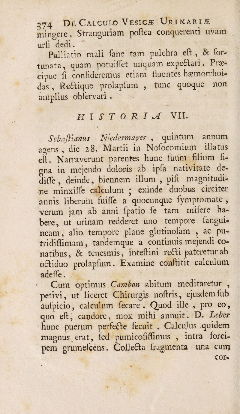 mingere. Stranguriam poftea conquerenti uvam urii dedi. Paliiatio mali fane tam pulchra eft , & For¬ tunata, quam potuifiet unquam expediat!. PicC* cipue fi confideremus etiam fluentes haemorrhoi- das, Redlique prolapfum , tunc quoque non amplius obfervari. HISTORIA VII. * Sebafltanus JsJiedevmayer , quintum annum agens , die 28. Martii in Nofocomium illatus eft. Narraverunt parentes hunc fuum filium fi¬ et na in mejendo doloris ab ipfa nativitate de- difle , deinde, biennem illum , pifi magnitudi¬ ne minxiffe calculum * exinde duobus circiter annis liberum fuiffe a quocunque fymptomate , verum jam ab anni fpatio le tam mifere ha¬ bere, ut urinam redderet uno tempore fangui- lieam, alio tempore plane glutinofam , ac pu« tridiffimam, tandemque a continuis mejendi co¬ natibus, & tenesmis, intefiini redii pateretur ab odii duo prolapfum. Examine conftitit calculum adefie. ■ Cum optimus Cambon abitum meditaretur , petivi, ut liceret Chirurgis noftris, ejusdemfub aufpicio, calculum lecare . Quod ille , pro eo, quo eft, candore, mox mihi annuit. D. Leber hunc puerum perfedle fecuit . Calculus quidem magnus erat, fed pumicofiflimus , intra forci¬ pem grumelcens, Coliedla fragmenta una cum cor-