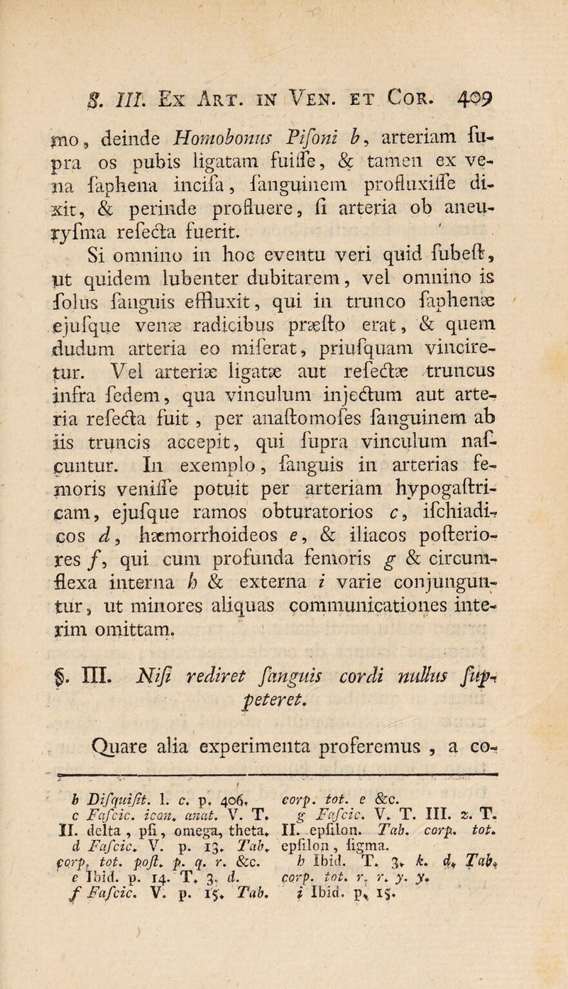 ilio, deinde Homobonus Pifoni b, arteriam fu- pra os pubis ligatam fuiffe, &amp; tamen ex ve¬ na faphena incila, fanguinem profluxilTe di¬ xit, &amp; perinde profluere, fi arteria ob aneu- ryfma refecta fuerit. Si omnino in hoc eventu veri quid fubeft, ut quidem lubenter dubitarem, vel omnino is folus fanguis effluxit, qui in trunco faphenae ejufque veilae radicibus praefto erat, &amp; quem dudum arteria eo miferat, priufquam vincire¬ tur. Vel arteriae ligatae aut refedtae truncus infra fedem, qua vinculum injedhim aut arte¬ ria refe&amp;a fuit , per anaftomofes fanguinem ab iis truncis accepit, qui fupra vinculum naf- cuntur. I11 exemplo, fanguis in arterias fe¬ moris veniffe potuit per arteriam hypogaftri- cam, ejufque ramos obturatorios c9 ifchiadi-? cos d, haemorrhoideos e, &amp; iliacos pofterio- res /, qui cum profunda femoris g &amp; circum¬ flexa interna h &amp; externa i varie conjungun¬ tur , ut minores aliquas communicationes inte- rim omittam. §. XXX. Nifi rediret fanguis cordi nullus fufl-t peteret. Quare alia experimenta proferemus , a co- 4' • •• ) . • i . t • T----------—--- 1 ' b Difquijzt. 1. c. p. 406. corp. tot. e &amp;c. c Fafcic. icon, aruit. V. T. g Fafcic. V. T. III. z. T. II. delta, pfi, omega, theta* II. epfilon. Tab. corp. tot. d Fafcic. V. p. 13. Tab. epfilon, ligma. forp. tot. pojl. p. q. r. &amp;c. h Ibici. T. 3*- e Tbid. p. 14. T* 3. d. corp. tot. r. r. y. y. f Fafcic. V. p. !$♦ Tab. i Ibid. p,( l§. /