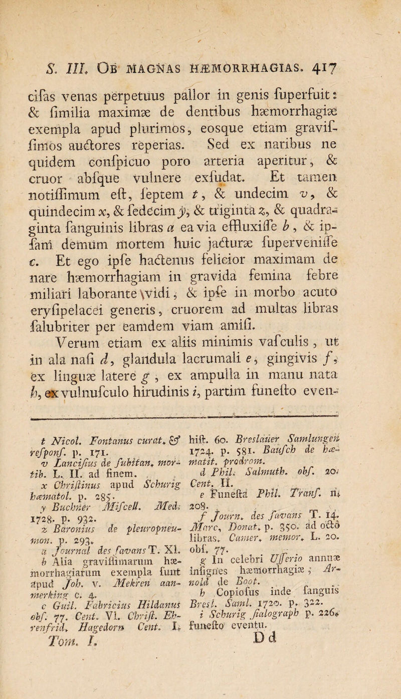 cifas venas perpetuus pallor in genis fuperfuit: &amp; fimilia maximae de dentibus haemorrhagiae exempla apud plurimos, eosque etiam gravif- iimos audior es reperias. Sed ex naribus ne quidem confpicuo poro arteria aperitur, &amp; eruor abfque vulnere exiiadat. Et tamen notiflimum eft, leptem t, &amp; undecim v9 &amp; quindecim x, &amp; fedecimy, &amp; triginta z, &amp; quadra- ginta fanguinis libras a ea via effluxide b , &amp; ip- fani demum mortem huic jadturx fupervenide c. Et ego ipfe hadtenus felicior maximam de nare haemorrhagiam in gravida femina febre miliari laborante \vidi, &amp; ipfe in morbo acuto erylipelacei generis, cruorem ad multas libras falubriter per eamdem viam amifi. Verum etiam ex aliis minimis vafculis , ut in ala nafi d, glandula lacrumali e, gingivis /, ex linguae latere g , ex ampulla in manu nata ex vulnufculo hirudinis i, partim fune ito even- t Nicol. Fontanus curat» Gf refponf. p. 171. v Lancifius de fubifan♦ mor- tib. L., II. ad finem. . x Chriflinus apud Schurig hcemdiol. p. 28$ • v Buchner MifceU. Uleth 1728- P- 932. z Bdronius de pleuropneu- tnon. p. 298*. a Journal des favansT. XI. b Alia graviffimaruin has- morrhagiamm exempla finit apud Joh. v. Mekren aan- merklng c. 4. c Guil. Fabricius Hildanus ebf. 77. Cent. VI. Chrijl. Ek~ renfridy Hagedorn Cent. 1+ Tom. L hift. 60. Breslauer Samlungeri 1724. p. S8I- Baufch de ha- niatit. prodrom. d Phih Salmuth. obf. 2Q&lt; Cent. Ii. e Fimefta Fhil. Tranf. n&gt; 208. , . f journ* des Juvans T. 14. Mare, Donat* p. 3$o. ad odo libras» Canter+ memor* L. 20. obf, 77. g In celebri Ujjerio annuae infigiies haemorrhagia ,■ Ar~ nold de Boot. h Copiofus inde fanguis Bresl. Sami. 1720. p» 322. i Schurig jialograph p. 226* funefto eventu. Dd