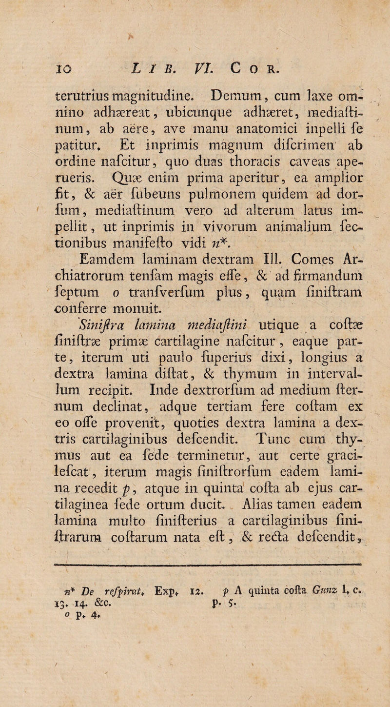 terutriusmagnitudine. Demum, cum laxe om¬ nino adhaereat, ubicunque adhaeret, mediafti- nuin, ab aere, ave manu anatomici inpelli fe patitur* Et inprimis magnum difcrirnen ab ordine nafcitur, quo duas thoracis caveas ape¬ rueris. Quae enim prima aperitur, ea amplior fit, & aer fubeuns pulmonem quidem ad dor- fum, mediaftinum vero ad alterum latus im¬ pellit , ut inprimis in vivorum animalium Tec¬ tionibus manifefto vidi ri*. Eamdem laminam dextram 111. Comes Ar¬ chiatrorum tenfam magis elfe, & ad firmandum feptum o tranfverfum plus, quam finiftram conferre monuit. Sinifira lamina mediajlini utique a coffae finiftrae primae cartilagine nafcitur, eaque par¬ te, iterum uti paulo fuperius dixi, longius a dextra lamina diftat, & thymum in interval¬ lum recipit. Inde dextrorfum ad medium {ter¬ num declinat, adque tertiam fere coftam ex eo olfe provenit, quoties dextra lamina a dex¬ tris cartilaginibus defcendit. Tunc cum thy¬ mus aut ea fede terminetur, aut certe graci- lefcat, iterum magis finiftrorfum eadem lami¬ na recedit p, atque in quinta colta ab ejus car¬ tilaginea fede ortum ducit. Alias tamen eadem lamina multo finifterius a cartilaginibus fini- ftrarum coftarum nata eft, & reda defcendit. n* De refpimt* Exp* 13. p A quinta cofta Gnnz lt c. 13. 14. &c. P* 5- o p* 4> /