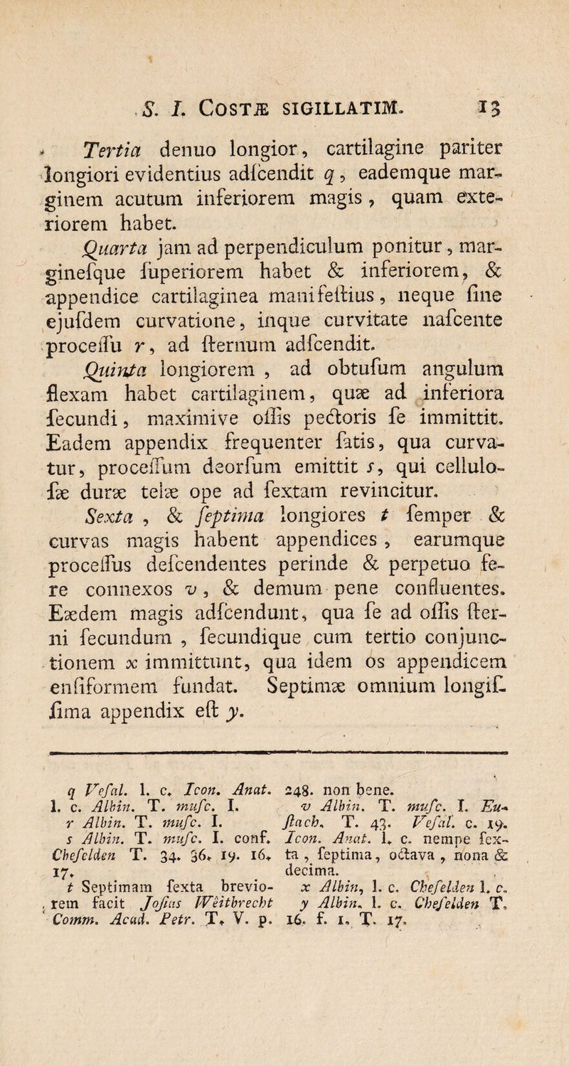 Tertia denuo longior, cartilagine pariter longiori evidentius adlcendit q , eadem que mar¬ ginem acutum inferiorem magis, quam exte¬ riorem habet. Quarta jam ad perpendiculum ponitur, mar- ginefque fuperiorem habet & inferiorem? & appendice cartilaginea manifelfius, neque fine ejufdem curvatione, inque curvitate nafcente proceflu r, ad fternum adfcendit. Qiiinta longiorem , ad obtufum angulum flexam habet cartilaginem, quae ad inferiora fecundi, maximi ve offis pedtoris fe immittit. Eadem appendix frequenter fatis, qua curva¬ tur, proceiTum deorfum emittit y, qui cellulo- fae durae telae ope ad fextam revincitur. Sexta , & feptima longiores t femper & curvas magis habent appendices , earumque proceifus defcendentes perinde & perpetuo fe¬ re connexos v, & demum pene confluentes. Eaedem magis adfcendunt, qua fe ad offis fter- ni fecundum , fecundique cum tertio conjunc¬ tionem x immittunt, qua idem os appendicem enfiformem fundat. Septimae omnium longifL fima appendix eft y. q Vefal. 1. c. Icon. Anat. 248. non bene. 1. c. Albin. T. mnfc. I. v Albin. T. mufc. L Eu- r Albin. T. mufc. I. Jlach, T. 43. Vefal. c. x% s Albin. T. mufc. I. conf. Icon. Anat. 1, c. nempe fex- Cbefelden T. 34. 36. 19. 16* ta , feptima, octava, nona & 17. decima. t Septimam fexta brevio- x Albin, 1. c. Chefelaen L c. , rem facit Jofias IVeitbrecht y Albin„ L c. Chefelden T,