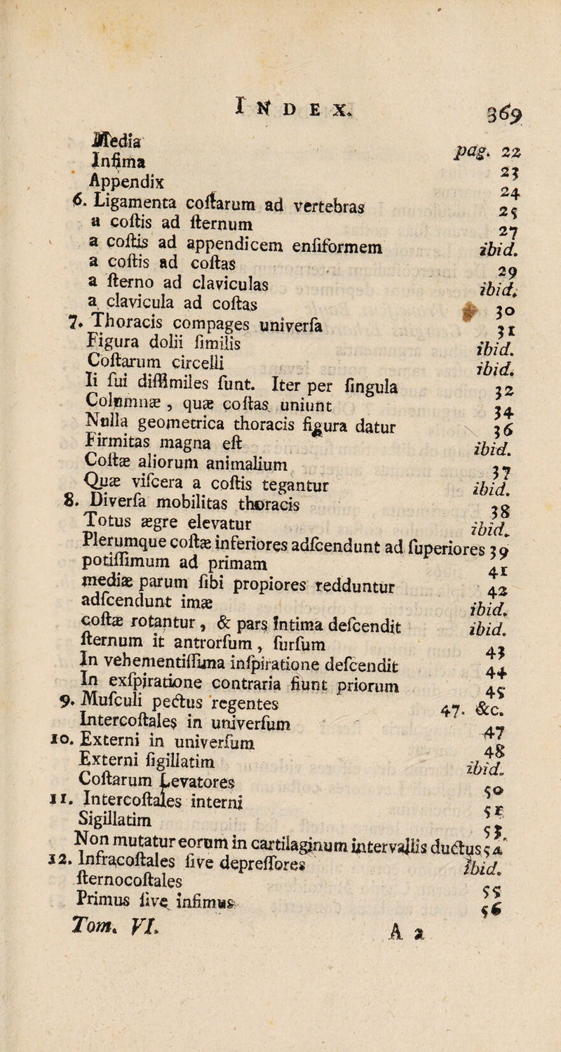 Media Infima Appendix 6. Ligamenta coftarum ad vertebras a coftis ad fternum a coftis ad appendicem enliformem a coftis ad coftas a fterno ad claviculas a clavicula ad coftas 7* Thoracis compages univerla Figura dolii fimiiis Collarum circelli Ii fui diffimiles funt. Iter per finguia Colpmn^ , quae coftas uniunt Nulla geometrica thoracis figura datur Jirmitas magna eft Coftas aliorum animalium Qpas vifcera a coftis tegantur 8. Diverfa mobilitas thoracis Totus aegre elevatur 3 im 22 2? 24 2% 27 ibid. 29 ibid; ibid. ibid. 52 54 16 ibid. 57 ibid. 58 ibid* wcvrtiur 7bid+ Plerumque coli» inferiores adfcendunt ad fuperiores x o OOtlliimiim aA nnmom r 47 potiflimum ad primam inediae parum libi propiores redduntur adfcendunt imae collae rotantur, & par$ Intima delcendit fternum it antrorfum, liirfum In vehementilfuna inlpiratione delcendit In exfpiratione contraria fiunt priorum 9* Mufculi pedus regentes Intercollales in univerlum 10. Externi in univerfum Externi figillatim Coftarum Levatores 11. Intercoftafes interni Sigillarim Non mutatur eorum in cartilaginum intervallis ductus \ * 12. Inrracoftales live deprelfores ffod fternocoftales Primus iive^ infimae ^ Tom. VL A a 41 42 ibid. ibid. 45 44 4? &c. 47 48 ibid\ 50 55,