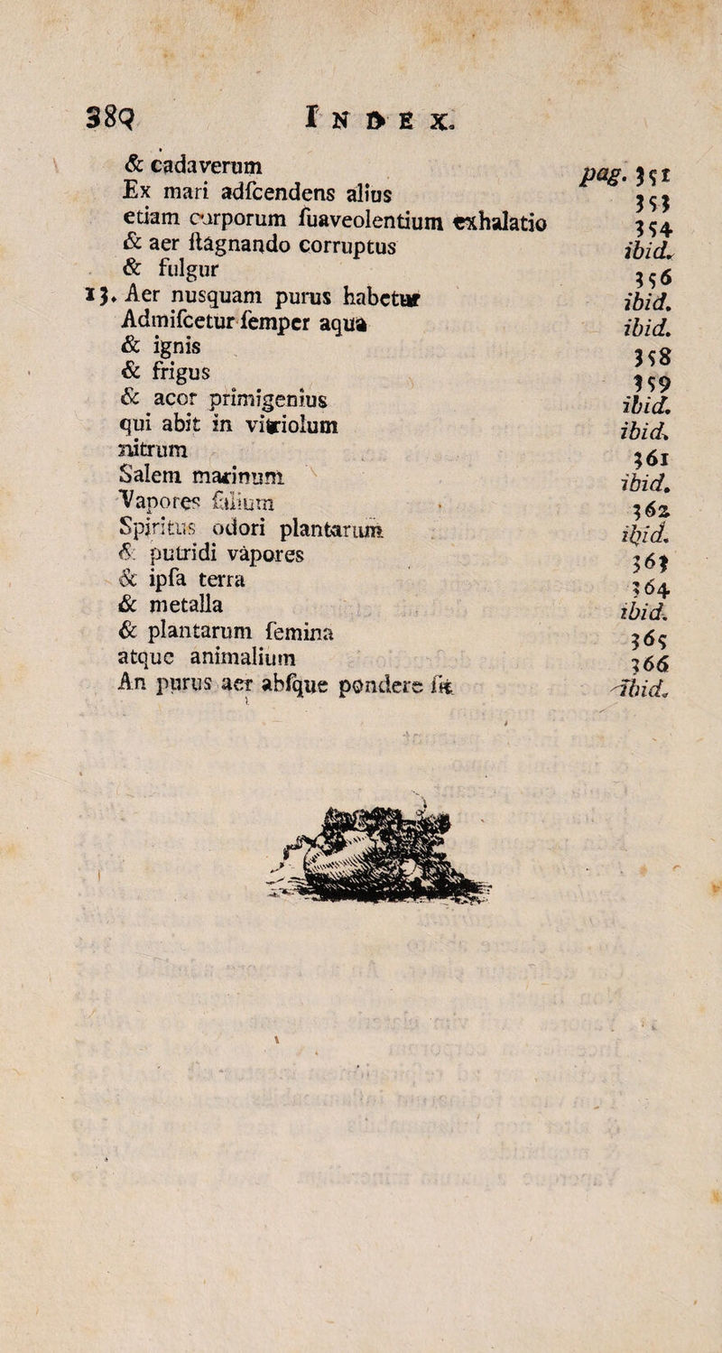 & cadaverum Ex mari adfcendens alios etiam carporum iuaveolentium exhalatio & aer ftagnando corruptus & fulgur iJ»Aer nusquam purus habetor Admifcetur femper aqua & ignis & frigus & acor primigenius qui abit in vitriolum nitrum Salem marinum Vapores Cuium Spiritus odori plantarum & putridi vapores Sc ipfa terra & metalla & plantarum femina atque animalium An purus aer abfque pondere ffc pag. HJ m ibicL ibid. ibid. H8 1S9 ibid. ibid. ;6i ibid. l6z ibid. $64. ibid. 'ibid.