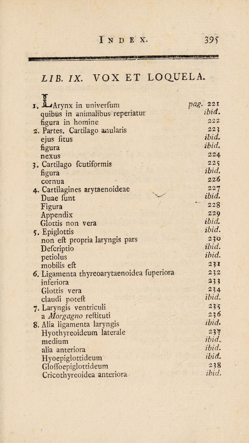 LIB. IX. VOX ET LOQUELA. V i* JLiArynx in univerfum Va8' 221 quibus in animalibus reperiatur ibid. figura in homine 222 2. Partes* Cartilago anularis _223 ejus fitus ibid. figura ibid. nexus 224 3* Cartilago fcutiformis 22<> figura ibid. cornua * 4. Cartilagines arytaenoideae 227 Duae funt  _ ibid. Figura 228 Appendix 229 Glottis non vera ibid. 5. Epiglottis ibid. non eft propria laryngis pars 2 3° Defcriptio • petiolus ibid. mobilis eft < 2^x 6. Ligamenta thyreoarytaenoidea fuperiora 232 inferiora 213 Glottis vera 2 3 4 claudi poteft ibid. 7. Laryngis ventriculi 23 5 a Morgagno reftituti / 23 ^ 8. Alia ligamenta laryngis ibid* Hyothyreoideum laterale 2 37 medium alia anteriora ibid. Hyoepiglottideum ibid. Gloffoepiglottideum 238 Cricothyreoidea anteriora ibid.