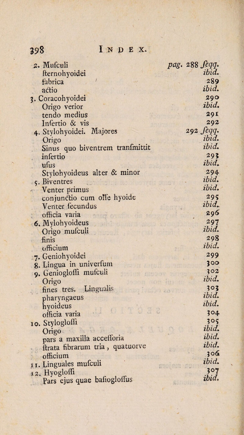 2. Mufculi fternohyoidei fabrica acHo 3. Coracohyoidei Origo verior tendo medius Infertio & vis 4. Stylohyoidei. Majores Origo Sinus quo biventrem tranfmittit infertio ullis Stylohyoideus alter & minor $. Biventres < Venter primus conjumftio cum ofle hyoide Venter fecundus officia varia 6. Mylohyoideus Origo mufculi finis officium 7. Geniohyoidei 8. Lingua in univerfum 9. Genioglofli mufculi Origo fines tres. Lingualis pharyngaeus hyoideus officia varia 10. Styloglofii Origo pars a maxilla accelforia lirata fibrarum tria , quatuorve officium 11. Linguales mufculi 12. Hyogloffi Pars ejus quae bafiogloffus pag. 2%%fcqq, ibid. 289 ibid. 290 ibid, 291 292 292 feqq. ibid. ibid, 295 ibid. 294 ibid, ibid, 29? ibidi 296 297 ibid, 298 ibid, 299 500 302 ibid, ibid, ibid. I04 ibid. ibid. ibid. 30 6 ibid. 507 ibid,