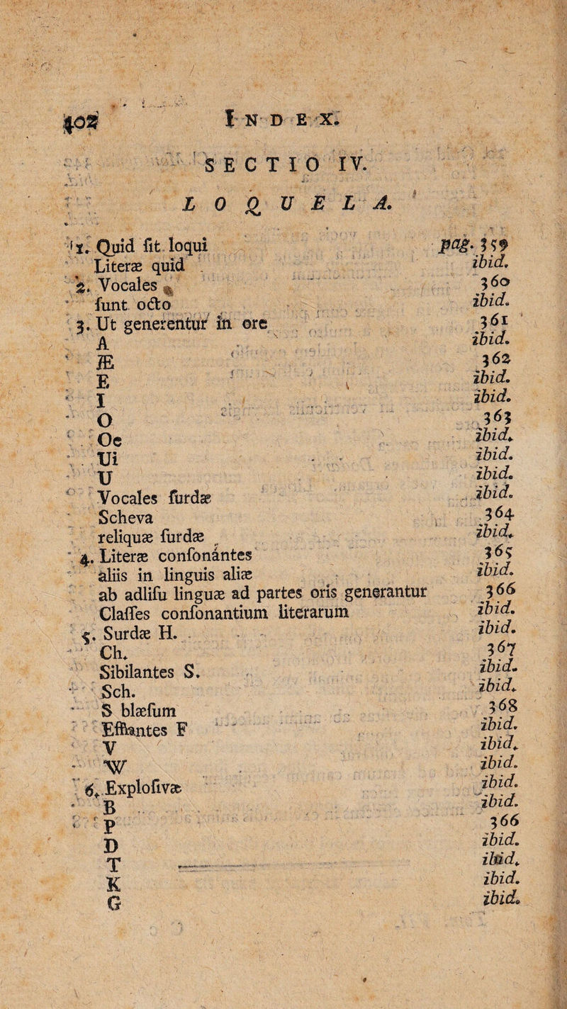 SECTIO IV. LOQUELA. fx. Quid fit loqui Literae quid . Vocales m, funt odto 3. Ut generentur in ore A JE E 1 ' ; I O Oc \ . TJi *; u Vocales furdae Scheva reliquae furdae 4. Literae confonantes aliis in linguis aliae ab adlifu linguae ad partes oris generantur Clafles confonantium literarum Surdae H. Ch. Sibilantes S. Sch. *■ S blaefum Eflhntes F V : \v 6+ Explofivae ' B P D 'T K G pag. ibid. ibid. 361 ibid. l6z ibid, ibid. ibid. ibid. ibid. ibid. 364 ibid. ibid. 3 66 ibid. ibid. 367 ibid. ibid. ;6g ibid. ibid. ibid. ibid. ibid. 3 66 ibid. ibid. ibid. ibid.