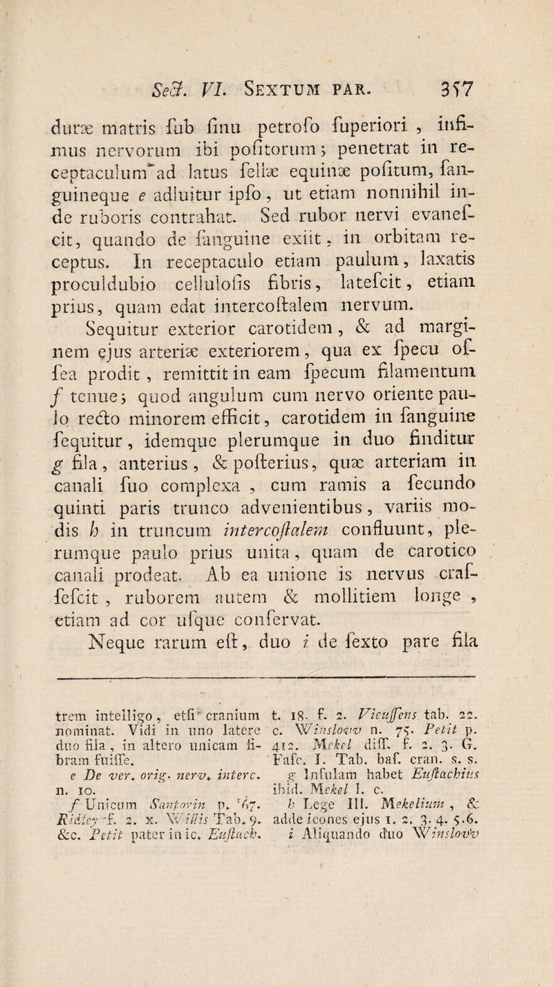 Se9. VL Sextum par. 3S7 durte matris fub finu petrofo fuperiori , infi¬ mus nervorum ibi pofitorum; penetrat in re- ceptaculurrTad latus felite equinae pofitum, fan- guineque e adluitur ipfo, ut etiam nonnihil in¬ de ruboris contrahat. Sed rubor nervi evanei- cit, quando de {anguine exiit, in orbitam re¬ ceptus. I11 receptaculo etiam paulum, laxatis proculdubio cellulofis fibris, latefcit, etiam prius, quam edat intercoftalem nervum. Sequitur exterior carotidem, &amp; ad margi¬ nem ejus arteriae exteriorem, qua ex fpecu of- fea prodit , remittit in eam fpecum filamentum f tenue i quod angulum cum nervo oriente pau¬ lo reblo minorem efficit, carotidem in fanguine fequitur, idemque plerumque in duo finditur g fila, anterius, &amp;pofterius, qute arteriam in canali fuo complexa , cum ramis a fecundo quinti paris trunco advenientibus, variis mo¬ dis h in truncum intercoftalem confluunt, ple¬ rumque paulo prius unita, quam de carotico canali prodeat. Ab ea unione is nervus craf- fefcit , ruborem autem &amp; mollitiem longe , etiam ad cor ufque confervat. Neque rarum eft, duo i de lexto pare fila trem intelligo, etli'cranium t. i8- f- 2. Vkujfcns tab. 22. nominat. Vidi in uno latere c. Winslovv n. 75. Petit p. duo fila , in altero unicam fi- 412. Mekel difF. f. 2. 3. G. bram fuiffe. Fafc. I. Tab. baf. cran. s. s. e De ver. orig- nerv. intere. g Infulam habet Eujtachiiis n. 10. ibici. M ekel 1. c. f Unicum Santorin p. A7. h Lege 111. Mekelium , Ridiey 'f. 2. x. Wi/Iis Tab. 9. adde icones ejus 1. 2. 3-4* 5-6* &amp;c. Petit pater in ic, Eujlach. i Aliquando duo WinsloPv