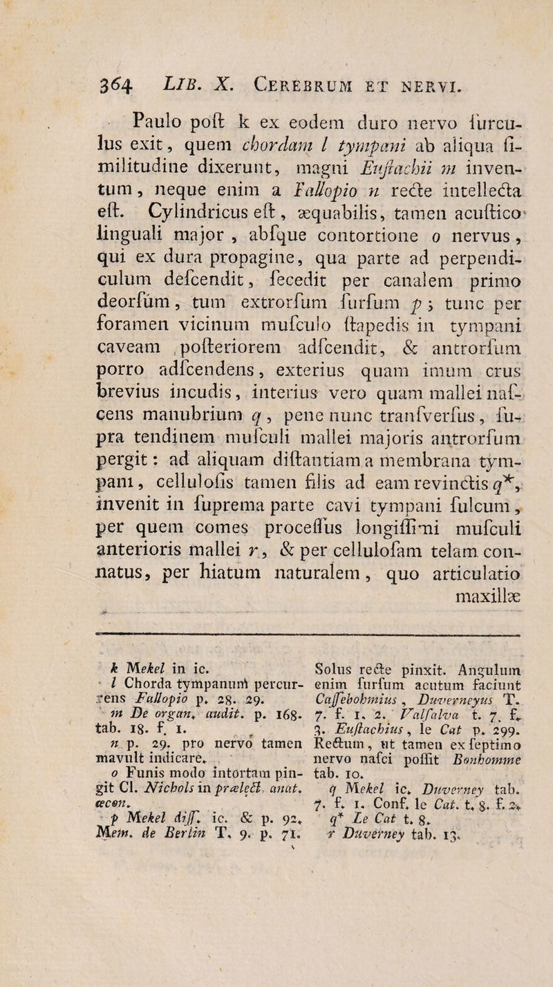 Paulo poft k ex eodem duro nervo iurcu- lus exit, quem chordam l tympani ab aliqua fi¬ mi litu eline dixerunt, magni Eufiachii m inven¬ tum , neque enim a Fallopio n redte intelledla eft. Cylindricus eft, aequabilis, tamen acuftico linguali major , abfque contortione o nervus, qui ex dura propagine, qua parte ad perpendi¬ culum defeendit, fecedit per canalem primo deorfum, tum extrorfum furfum p tunc per foramen vicinum mufculo ftapedis in tympani caveam , pofteriorem adfcendit, &amp; antrorfum porro adfcendens, exterius quam imum crus brevius incudis, interius vero quam mallei naf- cens manubrium q , pene nunc tranfverfus, iu- pra tendinem mufculi mallei majoris antrorfum pergit: ad aliquam diftantiam a membrana tym¬ pani, cellulofis tamen filis ad eam revinctis invenit in fuprema parte cavi tympani fulcum, per quem comes proceflus longiffimi mufculi anterioris mallei r, &amp; per cellulofam telam con¬ natus, per hiatum naturalem, quo articulatio maxillee k M.ekel in ic. Soliis recte pinxit. Angulum. I Chorda tympanurri percur- enim furfum acutum faciunt tens Fallopio p* 28* 29. Cajfebohmius , Duverneyus T. m De organ» audit, p. 16S* 7- f- 2. Valfalva t. 7. fv tab. 18. f I. r 3. Eujlachius, le Cat p» 299. n p. 29. pro nervo tamen Rettuim, ut tamen exfeptimo mavult indicare. nervo nafei poffit Bonhomme 0 Funis modo intortam pin- tab. 10. git Cl. NichoU in praleti, anat. q Mekel ic» Duverney tab. (ecm. 7. f» 1. Conf» le Cat. t» 8- f- 3v p M ekel dijf\ ic. &amp; p. 92» q* Le Cat t» 8* Mfvw. de Berlin T, 9. p. 71. r Duverney tab. 13»