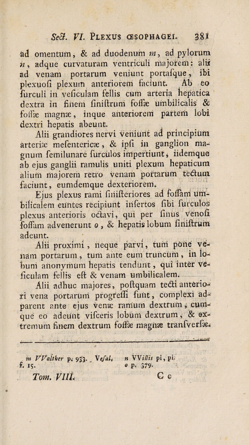 ad omentum, & ad duodenum m, ad pylorum n, adque curvaturam ventriculi majorem : alii ad venam portarum veniunt portafque, ibi ploxuofi plexum anteriorem faciunt. Ab eo furculi in veficulam fellis cum arteria hepatica dextra in finem finiftrum foflk umbilicalis & foflge magirae, inque anteriorem partem lobi dextri hepatis abeunt. Alii grandiores nervi veniunt ad principiutri arteriae mefentericae, & ipfi in ganglion ma¬ gnum femilunare furculos impertiunt j iidemquo ab ejus ganglii ramulis uniti plexum hepaticum alium majorem retro venam portarum tedum faciunt, eumdemque dexteriorem* Ejus plexus rami fiiiifteriores ad foflam um¬ bilicalem exintes recipiunt infertos fibi furculos plexus anterioris octavi, qui per finus venofi foflam advenerunt 0 , & hepatis lobum finiftrum adeunt. Alii proximi, neque parvi, turri pone ve¬ nam portarum , tum ante eum truncum , in lo¬ bum anonymum hepatis tendunt, qui inter ve- ficulam fellis eft & venam umbilicalem. Alii adhuc majores, poftquam tedianterio¬ ri vena portarum progrefti fuiit, complexi ad- parent ante ejus venae ramum dextrum ; cum¬ que eo adeunt vifceris lobum dextrum, & ex¬ tremum finem dextrum foifae magirae tranfverfte® m VValtkcr p» 933. t is. Tom. VIII. n VVillis pi, pi. 0 P, 379- G e