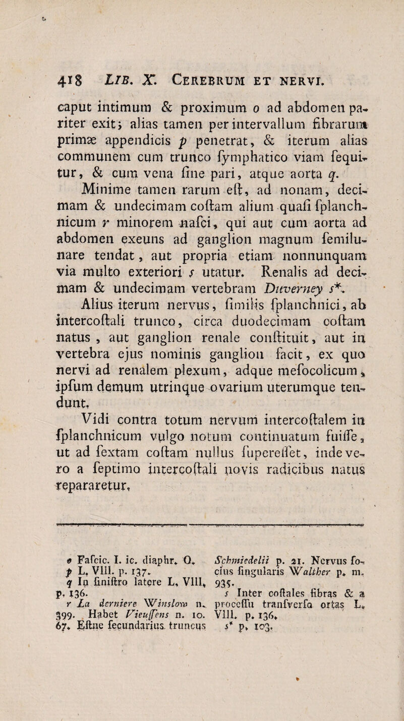 caput intimum & proximum o ad abdomen pa¬ riter exit j alias tamen per intervallum fibrarum primae appendicis p penetrat, & iterum alias communem cum trunco lymphatico viam fequi- tur, & cum vena fine pari, atque aorta q. Minime tamen rarum eft, ad nonam, deci¬ mam & undecimani collam alium quafi fplanch- nicum r minorem nafci, qui aut cum aorta ad abdomen exeuns ad ganglion magnum femilu- nare tendat, aut propria etiam nonnunquam via multo exteriori / utatur. Renalis ad deci¬ mam & undecimam vertebram Ditverney j*. Alius iterum nervus, fimiiis fplanchnici, ab intercoftali trunco, circa duodecimam codam natus, aut ganglion renale conftituit, aut in vertebra ejus nominis ganglion facit, ex quo nervi ad renalem plexum, adque mefocolicum* ipfum demum utrinque ovarium uterumque ten¬ dunt. Vidi contra totum nervum intercoftalem in fplanchnicum vulgo notum continuatum fuilfe, ut ad fextam collam nullus fupereffet, inde ve¬ ro a feptimo iiitercollali novis radicibus natus repararetur, ”>l » — f—■I .'» »1,1 ■.■i.—,.'■■ 1 .. ,-j.i v, ... . .. ... .». .— 1 *rp <0 Fafcic. I. ic* tliaphr* O, Schntiedelii p. n. Nervus fo~ f L. Vlll. p. 137* cius lingularis Walther p, m, q Ip liniftro latere L, Vlll, 935. p, 136. s Inter collales fibras & a y La dcrniere Winslow iu proceffii tranfverfa ortas L* 399. Habet Vieujfens n. 10. Vlll* p* 136, 67* Eftne fecundarius. truncps s* p» 103. ¥