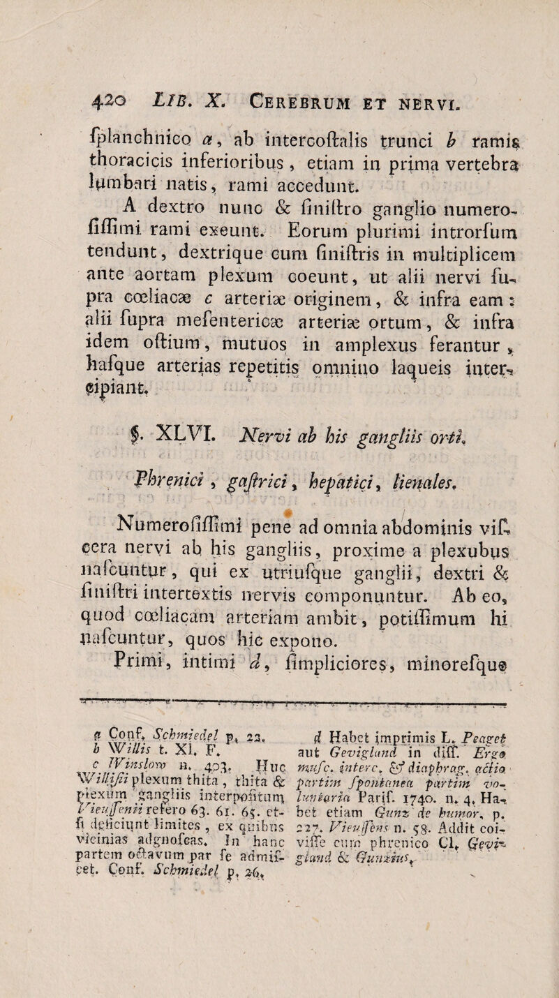 lplanchnieo a9 ab intercoftalis trunci b ramis thoracicis inferioribus , etiam in prima vertebra lpmbari natis, rami accedunt. A dextro nunc & finihro ganglio numero- fiffimi rami exeunt. Eorum plurimi introrfutn tendunt, dextrique cum (iniftris in multiplicem ante aortam plexum coeunt, ut alii nervi fu- pra coeliacae c arteriae originem, & infra eam : alii fupra mefentericae arteriae ortum, & infra idem oftium, mutuos in amplexus ferantur * hafque arterias repetitis omnino laqueis inter-* pipiant. f. XLVI. Nervi ab his gangliis or-tk Phrenici , gaftrici, hepatici, lienales, Numerofiflimi pene ad omnia abdominis vi£ cera nervi ab his gangliis, proxime a plexubus liafcuntur, qui ex utriufque ganglii, dextri & iiniffriintertextis nervis componuntur. Abeo, quod coeliacam arteriam ambit, potiffimuni hi uafcuntur, quos hic expono. Primi, intimi d9 ilmpliciores, minorefqu® f Schnnedel p4 23, $ Habet imprimis L. Peaget b XI. F. aut Geviglund in diff. Ergo g j:J'.nsJorv H* 4P3? Hlic mufc. intere. & diaphrag. aciia \v iilifii plexum thita , thita & partim f fontanea fartim vo~ plexum gangnis in ter politu nt laniaria Pcirif. 1740. n* 4, Ha-, l ieujjeniirefero 63. 61. 6$. et- bet etiam Gunz de humor, p. fi dejicitint limites , ex quibus 227. Vieufem n. $8-. Addit coi- vicinias adgnofcas. In hanc ville curxi phrenico Cl* Qeyi~ partem octavum par fe admif- glund & Gunziuv pet. Cpnr. Sckmiedel jp, z(u