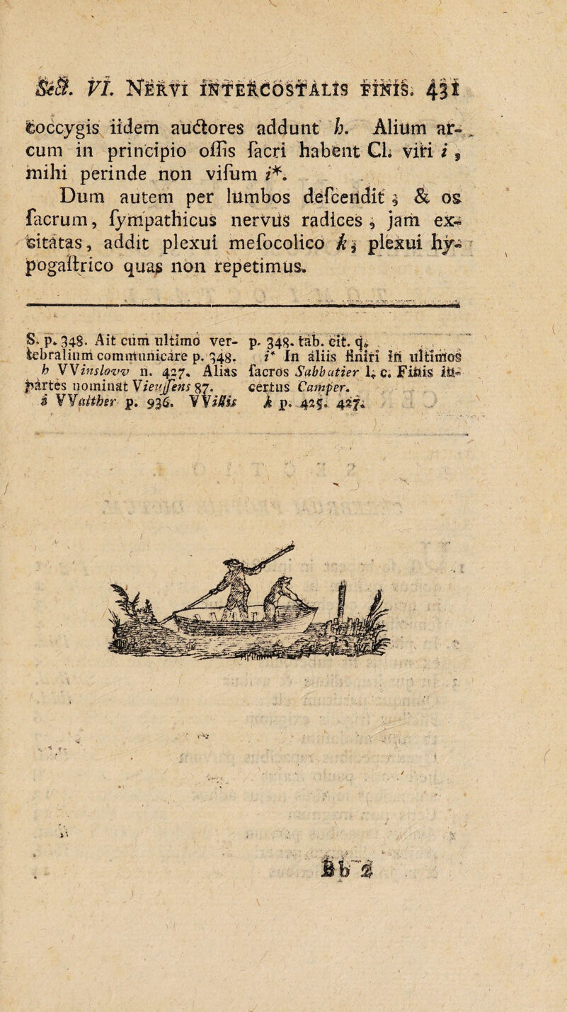 coccygis iidem audlores addunt b. Alium ar- . cum in principio offis facri habent CL vitri i, mihi perinde non vifum i*. Dum autem per lumbos defcendit § & os facrum, fympathicus nervus radices 9 jam ex¬ citatas , addit plexui mefocolico ki plexui hy- pogaftrico quas non repetimus. S. p. 348- Ait' cum ultimo ver- p. 348. tab. cit. <|* iebralium communicare p. 348. i* In aliis liniri iri ultimos h yVirislovv n. 427, Alias facros Sabb |>Artes nominat Vieuifens 87. certus Camper. i YVaither p. 936. VVi^i/ p, 425» 4*7;