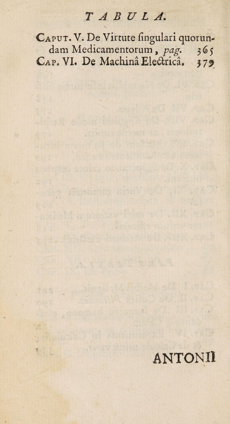 Caput. V. De Virtute fingulari quorun- dam Medicamentorum , pag. 365 Cap. VI. De Machina Ele&rica. 37^ ANTONII