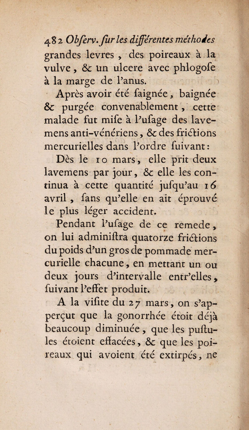 grandes levres , des poireaux à la vulve, &c un ulcéré avec phlogofe à la marge de l’anus. Après avoir été faignée, baignée & purgée convenablement, cette malade fut mife à l’ufage des lave- mens anti-vénériens, & des friélions mercurielles dans l’ordre fuivant : Dès le îo mars, elle prit deux lavemens par jour, & elle les con¬ tinua à cette quantité jufqu’au 16 avril , fans qu’elle en ait éprouvé le plus léger accident. Pendant i’ufage de ce remede, on lui adminiftra quatorze friélions du poids d’un gros de pommade mer¬ curielle chacune, en mettant un ou deux jours d’intervalle entr’elles, fuivant l’effet produit. A la vifite du 2 7 mars, on s’ap- perçut que la gonorrhée étoit déjà beaucoup diminuée, que les pullu¬ les étoient effacées, &c que les poi¬ reaux qui avoient été extirpés, ne