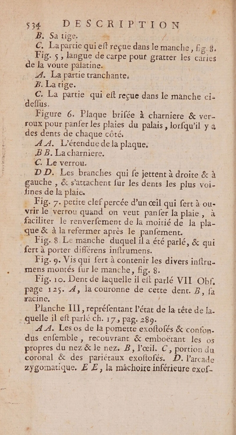 $ 34 DE S'CG-RAT PIT'TO N PB. Sa tige. + / | C. Lapartie qui eff reçue dans le manche, fg.é. Fig. s, langue de carpe pour gratter les caries de la voute palatine. | 4. La partie tranchante, B. La rige. | . €. La partie qui eft reçue dans le manche ci- deflus. | Figure 6. Plaque brifée à charniere & ver- roux pour panfer les plaies du palais, lorfqu’il y à des dents de chaque côté. AA. L’érendue de la plaque. B B. La charniere. C. Le verrou. | D D. Les branches qui fe jettent à droite & à gauche , & s’attachent fur les dents les plus voi- vrir le verrou quand on veut panfer la plaie, a faciliter le renverfement de la moirié de la pla- que & à la refermer après le panfement. Fig. 8. Le manche duquel il a été parlé, & qui fert à porter différens inftrumens. Fig. 9. Vis qui fert à contenir les divers inftru. mens montés {ur le manche, fig. 8. Fig. 10. Dent de laquelle il eit parlé VIE Obf, page 125. 4, la couronne de cette dent. Z, fa racine. 54 * Planche IIT, repréfentant l’état de la tête de la. quelle il eft parlé ch. 17, pag. 289. | À A. Les os de la pomette exoftofés & confon. dus enfemble , recouvrant & emboëtant les os propres du nez & le nez. B, l'œil. €, portion du coronal & des pariéraux exoftofés. D. l’arcade zygomatique. Æ Æ, la mâchoire inférieure exof- ec métiers