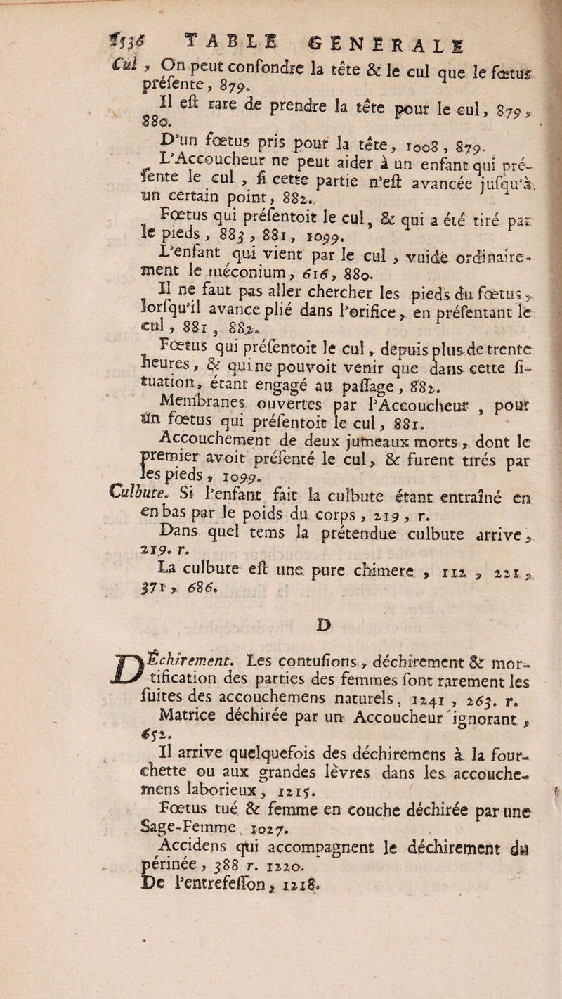 Cul , On peut confondre la tête & le cul que le fœtus prefente, 879. 1 Il eft rare de prendre la tête pour le eul, 879, SuCf* D'un fœtus pris pour la tété, iooS, 879. L Accoucheur ne peut aider à un enfant qui pré¬ fente le cul > fi cette partie n’efi: avancée jufqu’à um certain point, 88z„ Fœtus qui préfentoit le cul, Sc qui a été tiré pat: le pieds, 883 , 881, io99, L enfant qui vient par le cul , vuidé ordinaire¬ ment le méconium, 616, 880. Il ne faut pas aller chercher les pieds du fœtus * lotfqu’il avance plie dans l’orifice, en préfentant le cul, 88x , 8S.2. Fœtus qui préfentoit le cul, depuis plus de trente heures, 8c qui ne pouvoit venir que dans cette £U îuation, étant engagé au paffage, 88z. Membranes ouvertes par l’Accoucheur , pour tfn fœtus qui préfentoit le cul, S81. Accouchement de deux jumeaux morts, dont le premier avoit préfenté le cul, 8c furent tirés par les pieds, 105#. Culbute, Si l’enfant fait la culbute étant entraîné en en bas par le poids du corps , 119 , r. Dans quel tems la prétendue culbute arrive '9 219, r. La culbute efl une pure chimère , m, , zzi P 37* x 686. D kÊchzrement. Les contufîons, déchirement 8c mor~ ' tification des parties des femmes font rarement les fuites des accouchemens naturels, 1241 , 263. r. Matrice déchirée par un Accoucheur 'ignorant , €$z. Il arrive quelquefois des déchiremens à la four¬ chette ou aux grandes lèvres dans les accouche- mens laborieux, 1215. Fœtus tué & femme en couche déchirée par une Sage-Femme. 1027. Âccidens qui accompagnent le déchirement dw périnée, 388 r. 1220. De l’entrefeffon a 1118.