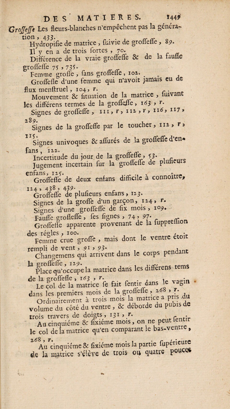 DES' MATIERES. Grojfejpt Les fleurs-blanches n’empêchent pas la généra- Hydropifie de matrice , fuivie de groffefle, Il y en a de trois fortes ,70. Différence de la vraie groffefle & de la raullê groffefle 75,731- „r Femme groffe , fans groflelle, 102. _ . Groffefle d’une femme qui n’avoit jamais eu de flux menftruel, 104? , . . r • T _ Mouvement & fituation ae la matrice > luivant les différens termes de la groffeffe, 163 , r. Signes de groffefle , ni, 112 jî1? î1?? Signes de la groffefle par le toucher? nz > r% j j - Signes univoques & affures de la groffefle d en* v fans, 122. Incertitude du jour.de la groffefle, 13. Jugement incertain fur la groffefle de pmi U Groffefle de deux enfans difficile à connoitre? 124 , 438L? ^39- Groffefle de plufleurs enfant? 123. Signes de la groffe d’un garçon, 124» r. Signes d’une groffefle de fix mois , 1°?. Fauffe grofleffe , fes lignes , 74 > 91 • ^ Groffefle apparente provenant de la fuppreffion dos régies » 100» / Femme crue groffe , mais dont le ventre etoit 1= corps pendant “ PlTcelpPoccupé la nrattice dans le. diffère», «s Le col de la matrice fe fait fentir dans le vagir» - dans les premiers mois de la .groffefle, »*8 » £ Ordinairement à trois mois la matnce P ■ volume du côté du ventre, & débordé du pubis de trois travers de doigts , 131,7. ; Çpntir Au cinquième & fixieme mois, on ne peut lentir le col de la matrice qu’en comparant le bas-ventte, Ai/cinquiéme & fixiéme mois la partie fupérieute de la matrice s’élève de trois ou quatre pou