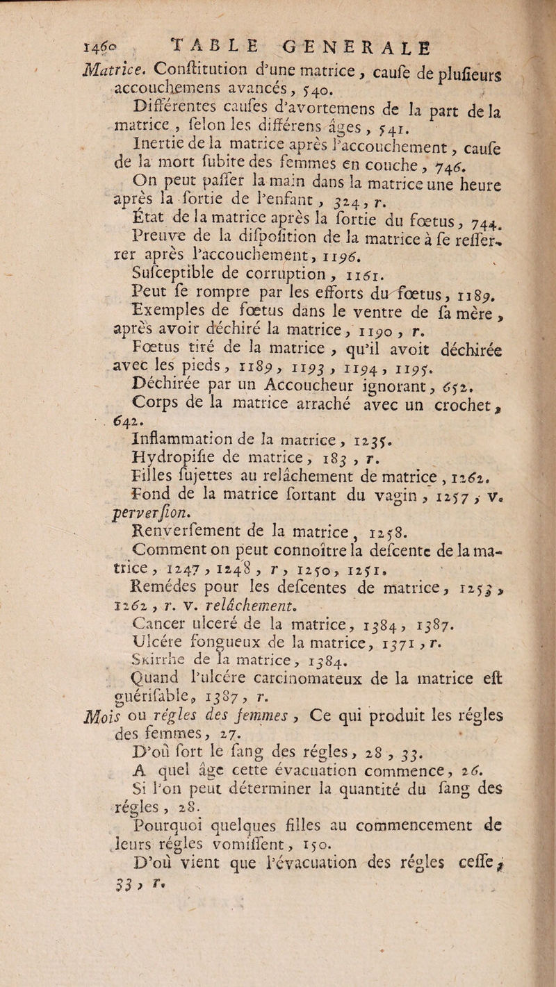 Matrice, Conftitution d’une matrice , caufe de pîulîeurs accotidiemens avancés, 5:40. Différentes caufes d’avortemens de la part delà matrice , félon les différens âges , 541. Inertie de la matrice après l’accouchement, caufe de la mort fubîte des femmes en couche, 746. On peut palier la mam dans la matrice une heure après la fortie de l’enfant, 324, r. État de la matrice après la fortie du fœtus, 744 Preuve de la difpclîtion de la matrice à fe relier^ rer après l’accouchement, 1196. Susceptible de corruption, 1161. Peut fe rompre par les efforts du-fœtus, 1187. Exemples de fœtus dans le ventre de fa mère, après avoir déchiré la matrice, n^o , r. Fœtus tiré de la matrice , qu’il avoit déchirée avec les pieds, 1185), 1193, 1174, ipf Déchirée par un Accoucheur ignorant, 632. Corps de la matrice arraché avec un crochet, ■ 642. Inflammation de la matrice, 1133» Elydropifie de matrice, 183 , r. Filles fujettes au relâchement de matrice , n6z. Fond de la matrice fortant du vagin 1257 ,• v* perverfion. Renverfement de la matrice, 1258. Comment on peut connoïtre la defcente de la ma¬ trice , 1247,1248, r, 1230, 1231» Remèdes pour les defcentes de matrice, 1253, 1162 , r. v. relâchement. Cancer ulcéré de la matrice, 1384, 1387. Ulcère fongueux de la matrice, 1371 ? r. Sïdrrhe de la matrice, 1384. Quand l’ulcére carcinomateux de la matrice eft guérifable, 1387, r. Mois ou régies des femmes , Ce qui produit les régies des femmes, 27. D’oïl fort le fang des régies, 28 , 33. A quel âge cette évacuation commence, 26. Si l’on peut déterminer la quantité du fang des régies , 28. Pourquoi quelques filles au commencement de leurs régies vomiffent, 150. D’où vient que l’évacuation des régies cefie* 33 >