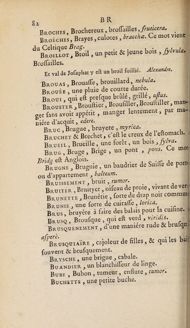Si BR Broches , Brochereux, broflailles Jruncera. BroÉches, Brayes ,culotes, bracch*. Ce mot vient ^BroilÎot, Broil, un petit &amp; jeune bois , Jylvula. Broflailles. Et val de Jofaphat y eft un broil foillié. Alexandre. Brouas , Brouaffe, brouillard, nebula. Brouée , une pluie de courte duree. 1 tj„ qui qui eft prefque btule, grille, ujlus. Brouster jBrouftier, Broufiller, Brouftiller, man- ger fans avoir appétit , manger lentement, par ma- niére d’acquit, edere. Bruc , Brugue , bruyere , mynca. Bruchet &amp; Brechet, c’eft le creux de 1 eftomach. Broeil, Brueille, une forêt, un bois Jylva. _ Brug , Bruge , Brige , un pont , pons. Ce moi, Brugnie , un baudrier de Suilfe de pornj ou d’appartement balteum. Bruissement, bruit , rumor. _ . Bruiter , Bruityer , oifeau de proie, vivant Brunette , Brunétie , forte de drap noir commui Brunie , une forte de cuirafle , lorica. Brus , bruyère à faire des balais pour la cuiune. Brusq , Broufque , qui eft verd , viridl*- Brusquenement , a’une manière rude &amp; Dru q ^Brusquiaïre , cajoleur de filles, &amp; qui les bai fouvent &amp;c bcufquement. ^ Brysche , une brigue cabale. Ru andier , un blanchifleur de bnge. Bube , Bubon , tumeur 5 enflure , tumou Bûchette , une petite bûche.