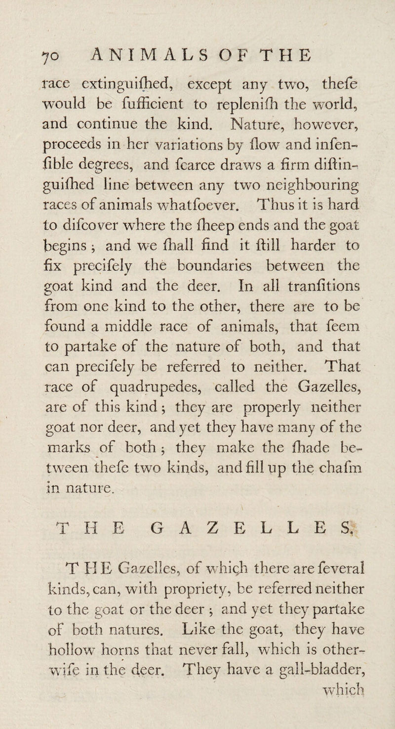 race extinguiflied, except any two, thefe would be fufficient to replenidi the w^orld, and continue the kind. Nature, however, proceeds in her variations by flow and infen- Able degrees, and fcarce draws a firm diftin- guiflied line between any two neighbouring races of animals whatfoever. Thus it is hard to difcover where the fheep ends and the goat begins ; and we fhall find it ftill harder to fix precifely the boundaries between the goat kind and the deer. In all tranfitions from one kind to the other, there are to be found a middle race of animals, that feem to partake of the nature of both, and that can precifely be referred to neither. That race of quadrupedes, called the Gazelles, are of this kind; they are properly neither goat nor deer, and yet they have many of the marks of both j they make the fhade be¬ tween thefe two kinds, and fill up the chafm in nature. THE GAZELLES, THE Gazelles, of whigh there arefeveral kinds, can, with propriety, be referred neither to the goat or the deer ; and yet they partake of both natures. Like the goat, they have hollow^ horns that never fall, which is other- wife in the deer. They have a gall-bladder, which