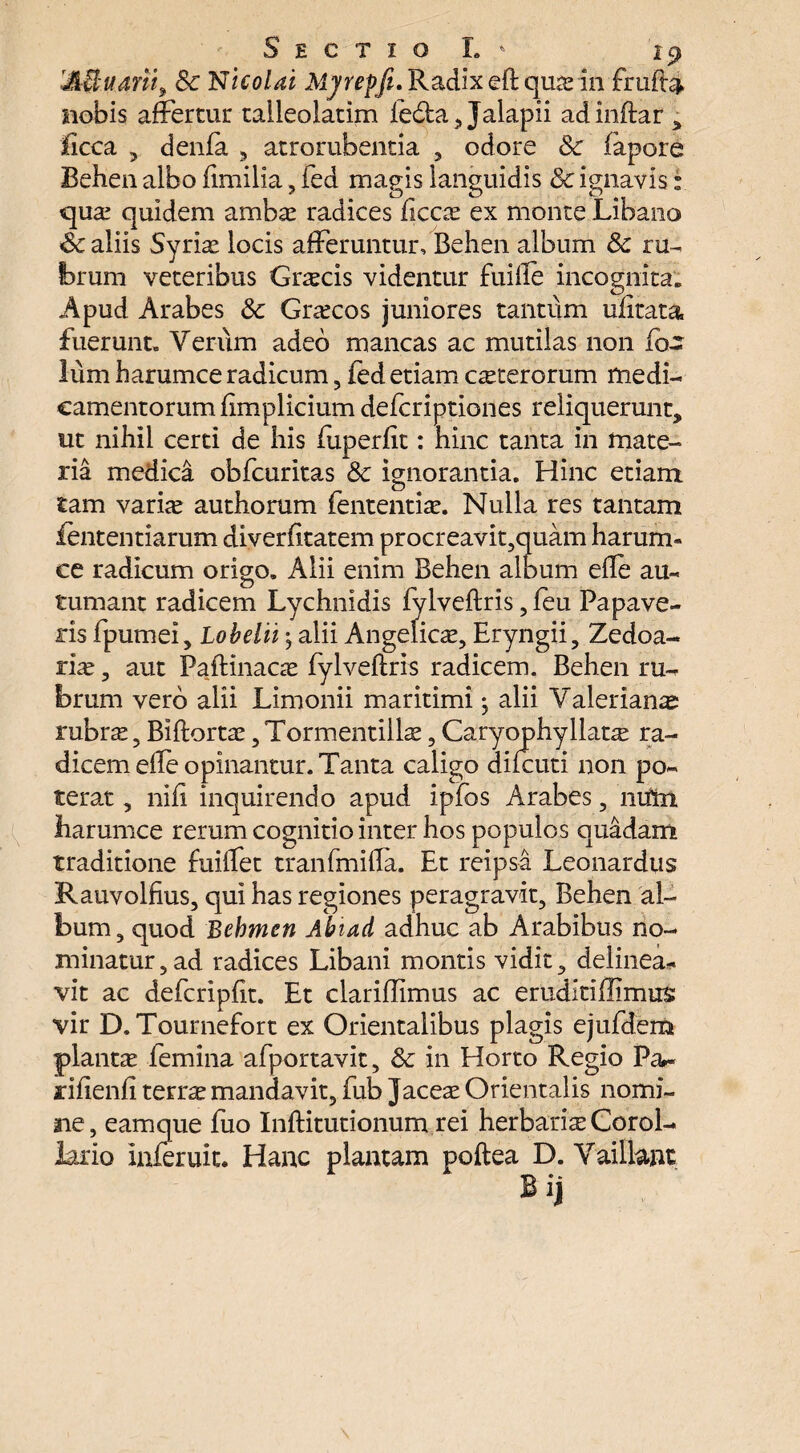 rMtuani9 8c 'Nicolai Myrepft. Radix eft qua; in frufta nobis affertur taileolatim iedta, Jalapii adinftar , ficca , denfa , atrorubentia , odore Sc fapore Behen albo fimilia, fed magis languidis & ignavis: qua? quidem ambae radices ficcx ex monte Libano Sc aliis Syriae locis afferuntur, Behen album & ru¬ forum veteribus Grxcis videntur fuifte incognita. Apud Arabes 8c Graecos juniores tantum ufitata fuerunt. Verum adeo mancas ac mutilas non foz lum harumce radicum, fed etiam cteterorum medi¬ camentorum ftmplicium defcriptiones reliquerunt, ut nihil certi de his fuperfit: hinc tanta in mate¬ ria medica obfcuritas & ignorantia. Hinc etiam tam varbe authorum fententiae. Nulla res tantam fententiarum diverfttatem procreavit,quam harum¬ ce radicum origo. Alii enim Behen album efte au¬ tumant radicem Lychnidis fylveftris, feu Papave¬ ris fpumei, Lobelii , alii Angelica, Eryngii, Zedoa- riae, aut P^ftinacae fylveftris radicem. Behen ru¬ forum vero alii Limonii maritimi 5 alii Valerianae rubrae, Biftortae, Tormentillae, Caryophyllatx ra¬ dicem effe opinantur. Tanta caligo difcuti non po¬ terat , nifi inquirendo apud ipios Arabes, mftn harumce rerum cognitio inter hos populos quadam traditione fuiffet tranfmifla. Et reips-a Leonardus Rauvolfius, qui has regiones peragravit, Behen al¬ bum, quod Bebmcn Abiad adhuc ab Arabibus no¬ minatur , ad radices Libani montis vidit, delinea*, vit ac defcripftt. Et clariffimus ac eruditiffimus vir D.Tournefort ex Orientalibus plagis ejufdem plantae femina afportavit, & in Horto Regio Pa*- jriftenfi terrae mandavit, fub Jaceae Orientalis nomi¬ ne, eamque fuo Inftitutionum rei herbariae Corol¬ lario inferuit. Hanc plantam poftea D. Vaillant