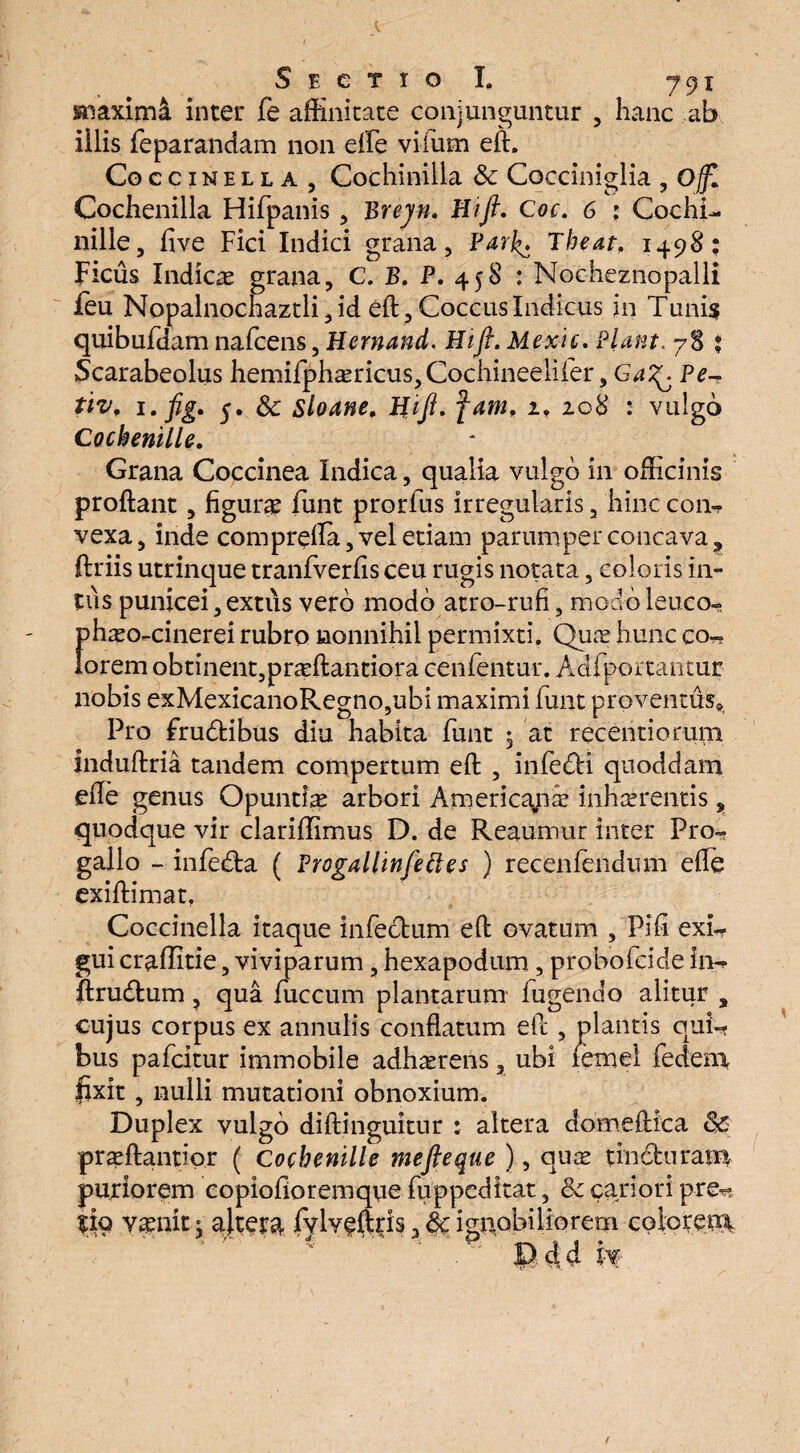 maxima inter fe affinitate conjunguntur , hanc ab illis feparandam non efle viium eft. Coccinella, Cochinilla & Cocciniglia , offi Cochenilla Hifpanis, Brejn. Hift, Coc, 6 : Cochb- nille, five Fici Indici grana, Park» Theat, 1498; Ficus Indicas grana, C. B. P. 45S : Noc-heznopalli feu Nopalnochaztli,id eft, Coccus Indicus in Tuni$ quibufdam nafcens, Hernand. Hift. Mexic, Piant. 78 $ Scarabeolus hemifphasricus,Cochineelifer, GaT^ Pe~ tiv, 1. fig. 5. &; sio ane. Hift. fam, 2, 208 : vulgo Cockenille. Grana Coccinea Indica, qualia vulgo in officinis proflant, figuras funt prorfus irregularis, hinc con-r vexa, inde comprefla, vel etiam parumper concava, ftriis utrinque tranfverfis ceu rugis notata, coloris in¬ tus punicei, extus vero modo atro-rufi, modo leuco- phaso-cinerei rubro nonnihil permixti. Quae hunc co¬ lorem obtinent, praeftantiora cenfentur. Adfportantur nobis exMexicanoRegno,ubi maximi funt proventus» Pro frudibus diu habita funt • at recentiorum induftria tandem compertum eft , infedi quoddam efle genus Opuntia arbori Americanae inhaerentis s quodque vir clariffimus D. de Reaumur inter Pro- gallo - infeda ( Progallinfettes ) recenfendum efle exiftimat. Coccinella itaque infedum eft ovatum , Pifi exU gui craflitie, viviparum, hexapodum, probofeide ln-> ftrudum ? qua fuccum plantarum lugendo alitur , cujus corpus ex annuiis conflatum eft , plantis qui-* bus pafeitur immobile adhaerens, ubi remel fedem fixit , nulli mutationi obnoxium. Duplex vulgo diftinguitur : altera domeftica Sc praeftantior ( Cocbenille mefieque ), quas tinduram puriorem copiofioremque fuppeditat, & cariori pre^ %io vasnit $ a)tera fvlveftris a ic ignobiliorem coloreui