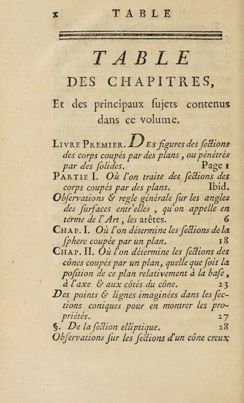 TABLE TABLE DES CHAPITRES, Et des principaux fujets contenus dans ee volume. Livre Premier. es figures des feUions- des corps coupés par des plans ou pénétrés par des foLides, Page i Partie L Où Von traite des feUions des corps coupés par des plans, Ibid» Obfervations & réglé générale fur les angles des Jurfaces entr elles ^ quon appelle en terme de VArt les arêtes, 6 Ch A P. I. Où Von détermine les fedions de la fphere coupée par un plan, 18 Ch A P. IL Où r on détermine les fedions des cônes coupés par un plan^ quelle que foit la pofition de ce plan relativement à la bafe à U axe & aux côtés du cône, 2 3 Des pomts & lignes imaginées dans les fec-^ tions coniques pour en montrer les pro¬ priétés, 27 §. De la fedion elliptique, 28 Obfervations fur les fedions d!un cône creux^