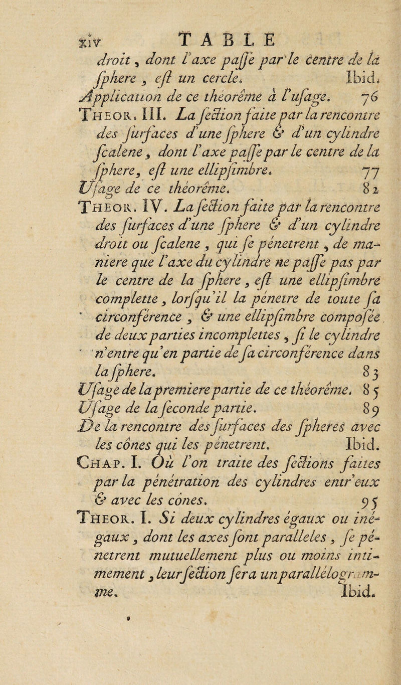 droit 5 dont daxe pajje parle Centre de la fphere ^ eft un cercle^ Ibid^ Application de ce théorème à Üufage. Th E O R 611L La Jedionjaite par la rencontre des Jurjaces dune fphere & dèun cylindre fcalene ^ dont Üaxe pafe par le centre de la ere, ejl une ellipjimbre^ 77 Ufage de ce théorème. 8 z The OR. IV* Lafechon faite par la rencontre des furfaces d'une fphere & d'un cylindre droit ou fcalene , qui fe pénètrent, de ma¬ niéré que l'axe du cylindre ne paffe pas par le centre de la fphere ^ ejl une ellipfimhré complette y lorfqu'il la pénétré de toute fa ‘ circonférence ^ & une ellipfimbre compoféc, de deux parties incomplettes ^ fi le cylindre ' n entre qu'en partie de fa circonférence dans lafphere. 8 3 l/fage de la première partie de ce théorème. 8 5 Ufage de la fécondé partie. 8 9 De la rencontre des jurf aces des fpheres avec les cônes qui les pénètrent. Ibid. Ch AP. I. O il l'on traite des ficelions faites parla pénétration des cylindres entr'eux & avec les cônes. 93 The O R. I. Si deux cylindres égaux ou iné-^ gaux dont les axes font parallèles ^ fe pé^ netrent mutuellement plus ou moins inti^ mement ^ leurfedion fera un parallélogram¬ me. Ibid.