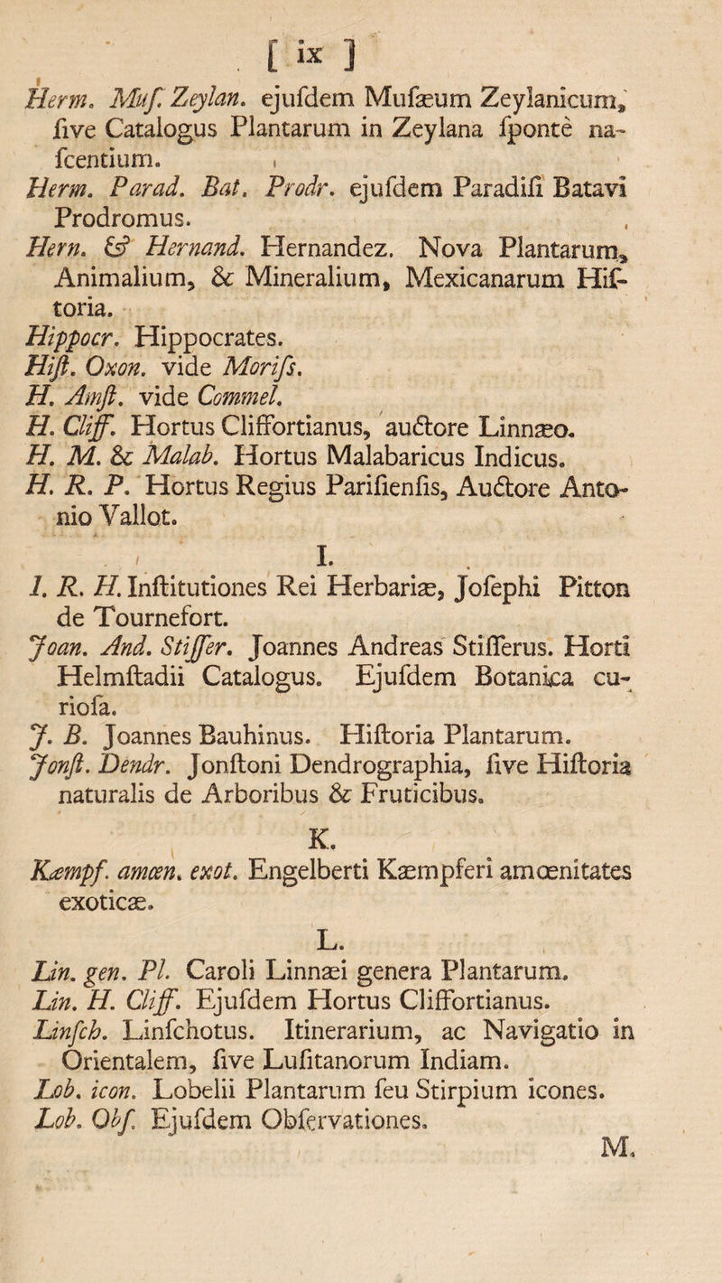 [ 3 Herm. Muft Zeylan. ejufdem Mufeum Zeylanicum, five Catalogus Plantarum in Zeyiana fponte na~ fcentium. Herm. Farad. Bat. Prodr. ejufdem Paradifi Batavi Prodromus. Flern. &amp; Hernand. Plernandez. Nova Plantarum, Animalium, &amp; Mineralium, Mexicanarum Hif- toria. Hippocr. Hippocrates. Hi ft. Oxon. vide Morifs. H. Amft. vide Commel. H. Cliff. Hortus Cliffortianus, audtore Linnseo. H. M. &amp; Malab. Hortus Malabaricus Indicus* H. R. P. Hortus Regius Parifienfis, Auftore Anto¬ nio V;allot. **. r ■ i. I. R. H. Inftitutiones Rei Herbaria?, Jofephi Pitton de Tournefort. Joan. And. Stiffer. Joannes Andreas Stifierus. Horti Helmftadii Catalogus* Ejufdem Botanka cu- riofa. J. B. Joannes Bauhinus. Hiftoria Plantarum. Jon ft. Tdendr. Jonftoni Dendrographia, five Hiftoria naturalis de Arboribus &amp; Fruticibus. r k. Kempf. amcen. exot. Engelberti Kaempferi amoenitates exoticae. L. Lin. gen. PL Caroli Linnaei genera Plantarum. Lin. H. Cliff. Ejufdem Elortus Cliffortianus. Linfch. Linfchotus. Itinerarium, ac Navigatio in Orientalem, five Lufitanorum Indiam. Lob. icon. Lobelii Plantarum feu Stirpium icones. Lob. Qbf Ejufdem Obfervationes. M.