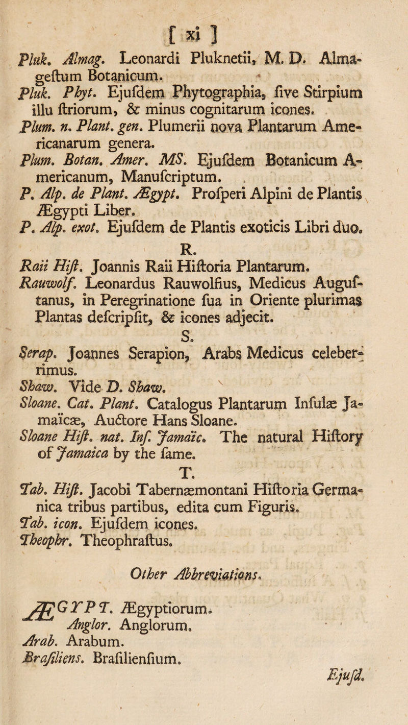 geftum Botanicum. Pluh Phyt. Ejufdem Phytographias live Stirpium illu ftriorum, &amp; minus cognitarum icones. Plum. n. Plant. gen. Plumerii nova Plantarum Ame- ricanarum genera. Plum. Botan. Amer. MS. Ejufdem Botanicum A- mericanum, Manufcriptum. P. Alp. de Plant. AEgypt. Profperi Alpini de Plantis iEgypti Liber. P. Alp. exot. Ejufdem de Plantis exoticis Libri du@s R. Rail Hift. Joannis Rail Hiftoria Plantarum. Rauwolf, Leonardus Rauwolfius, Medicus Auguf- tanus, in Peregrinatione fua in Oriente plurimas Plantas defcripfit* &amp; icones adjecit. 5. Serap. Joannes Serapion, Arabs Medicus celeber- rimus. Shaw. Vide ZX Shaw. Sloane. Cat. Plant. Catalogus Plantarum Infulae Ja* maicae, Audtore Hans Sloane. Sloane Hift. nat. Inf. Jamdic. The natural Hiftory of Jamaica by the fame. T. Tab. Hift. Jacobi Tabernsemontani Hiftoria Germa* nica tribus partibus, edita cum Figuris* Tab. icon. Ejufdem icones. Theophr. Theophraftus. Other Abbreviations. * . f - j£Grpi. iEgyptiorum. Anglor. Anglorum, ' * Arabum. Brafiliens. Brafilienfium. Ejufd.