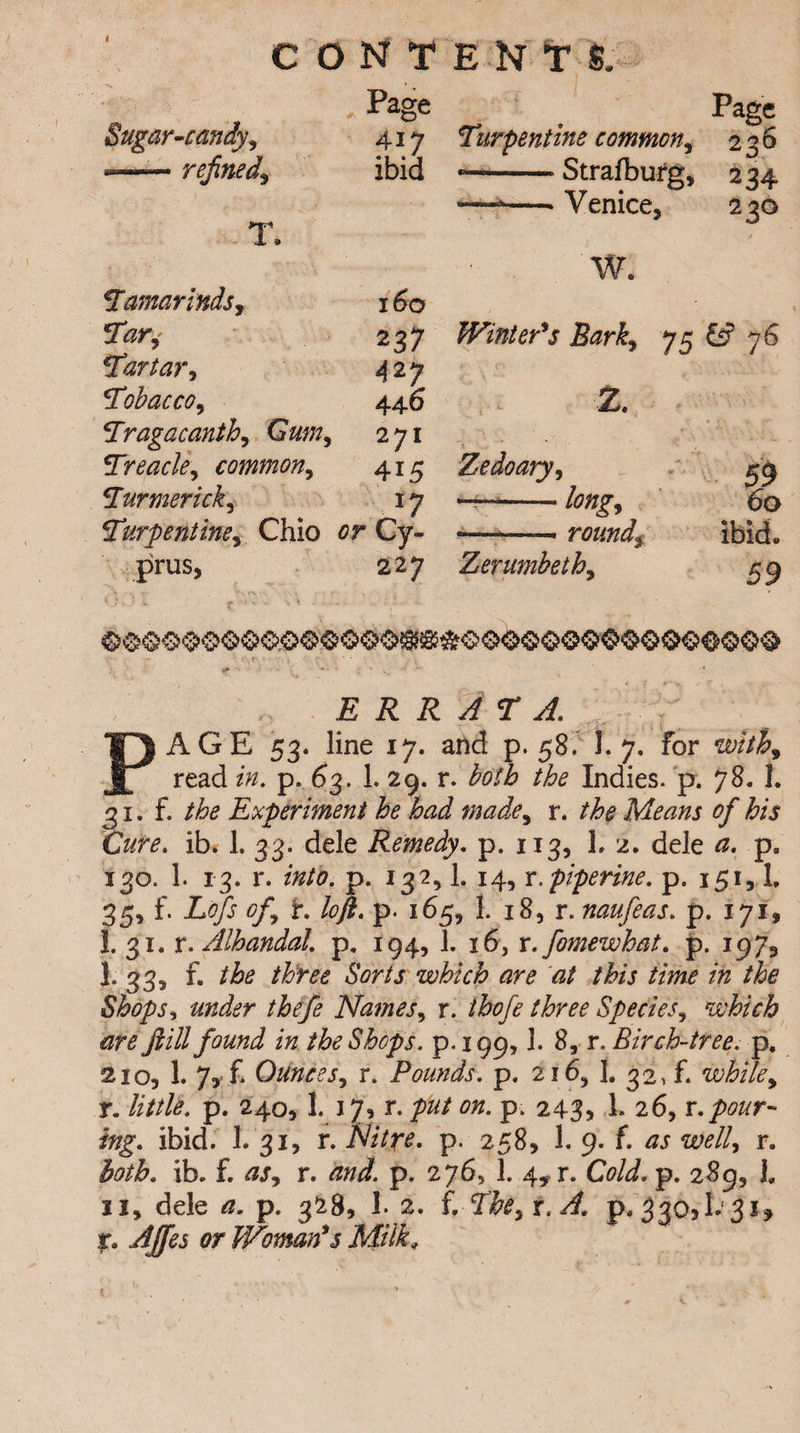 CONTENT! Page Page Sugar-candy, 417 Turpentine common, 236 «— refined? ibid --■ Strafburg, 234 —-- Venice, 2 3° T. w. Tamarinds, l6o Tar^ 2 37 Winter's Barky 73 £5? 76 Tartar, 427 Tobacco, 446 2. Tragacanth, G&z/z, 271 Treacle, common, 415 Zedoary, 59 5Turmericky *7 -— , 60 Turpentine, Chio Cy- ——- round? ibid. prus, 227 Zerumbeth, 59 ERRATA,. PAGE 53. line 17. and p. 58. 1. 7. for read in. p. 63. 1. 29. r. both the Indies, p. 78. 1. 31. f. Experiment he had made, r. the Means of his Cure. ib. 1. 33. dele Remedy. p. 113, L 2. dele p. 130. 1. 13. r. into. p. 132,1. 14, x.piperine. p. 151, L 35, f. Lofs of7 r. loft. p. 165, 1. 18, r. naufeas. p. 171, 1. 31. r. Alhandal. p. 194,1 16, x. fomewhat. p. 1973 1. 33, f. the three Sorts which are at this time in the Shops, under thefe Names, r. thofe three Species, which are ftill found in the Shops, p. 199,1. 8, r. Birch-tree. p. 210, 1. 7,= f. Ounce s^ r. Pounds. p. 216, 1. 32, f. r. /////<?. p. 240,1. 17, r. put on. p; 243* 1* 26, x.pour¬ ing. ibid. I.31, x. Nitre, p. 258, 1. 9. f. as well, r. both. ib. f. as, x. and. p. 276, 1. 4, r. Cold. p. 289, 1. u, dele p. 32B, 1. 2. f. The?x.A. p*330>E3J* jr. AJfes or Woman's Milk,