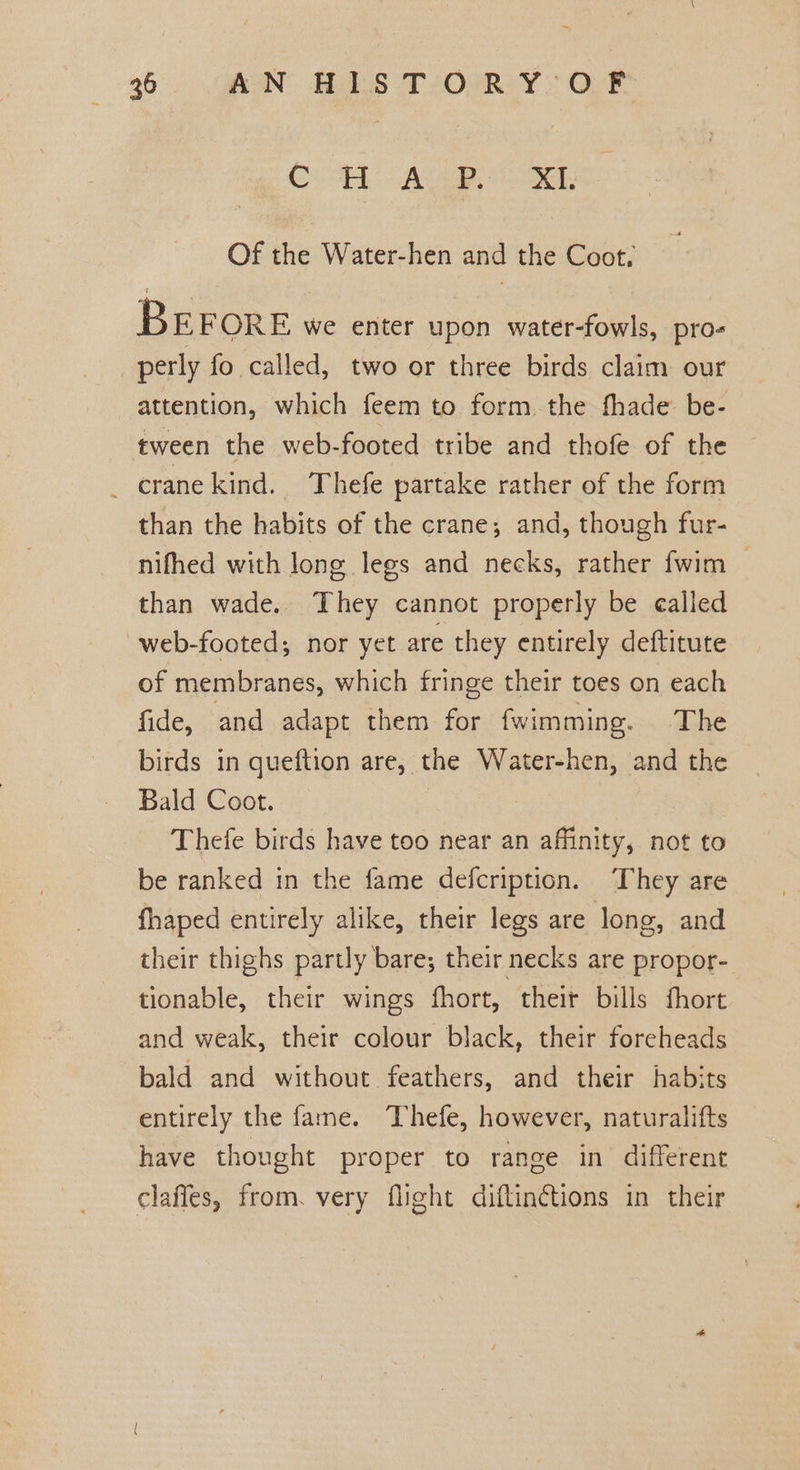 CaS OA CED, Aad Of the Water-hen and the Coot, BEFoRE we enter upon water-fowls, pro- perly fo called, two or three birds claim our attention, which feem to form the fhade be- tween the web-footed tribe and thofe of the _ crane kind. Thefe partake rather of the form than the habits of the crane; and, though fur- nifhed with lone legs and necks, rather fwim | than wade.. They cannot properly be called web-footed; nor yet are they entirely deftitute of membranes, which fringe their toes on each fide, and adapt them for fwimming. The birds in queftion are, the Water-hen, and the Bald Coot. Thefe birds have too near an affinity, not to be ranked in the fame defcription. ‘They are fhaped entirely alike, their legs are long, and their thighs partly bare; their necks are propor- tionable, their wings fhort, their bills fhort and weak, their colour black, their foreheads bald and without feathers, and their habits entirely the fame. Thefe, however, naturalifts have thought proper to range in different clafles, from. very flight diftinétions in their