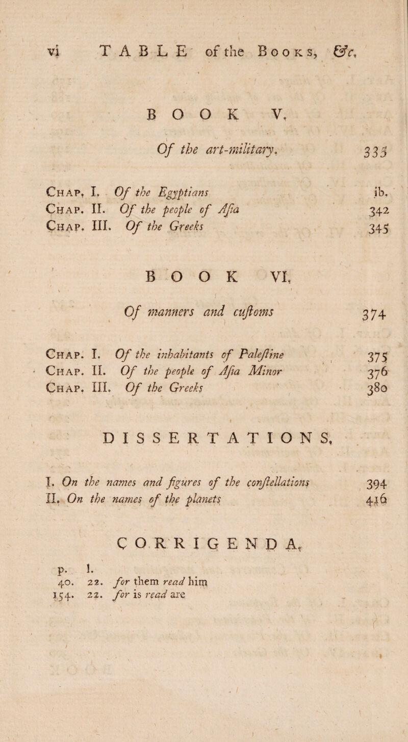 ! vi TABLE of the Books, &c, BOOK V, Of the art-military. 333 Chap, I. Of the Egyptians ib. Chap. II. Of the people of Afia 342 Chap. III. Of the Greeks 345 BOOK VL Of manners and cuftoms 31 4 Chap. I. Of the inhabitants of Palefiine Ci-iap. U. Of the people of Afia Minot' Chap. III. Of the Greeks 375 376 380 DISSERTATIONS. I . On the names and figures of the confiellations II. On the names of the planets 394 416 CORRIGENDA. p. 1. 40. 22. for them read him it;4. 22. for is read are ' . ■ } t \ \ J