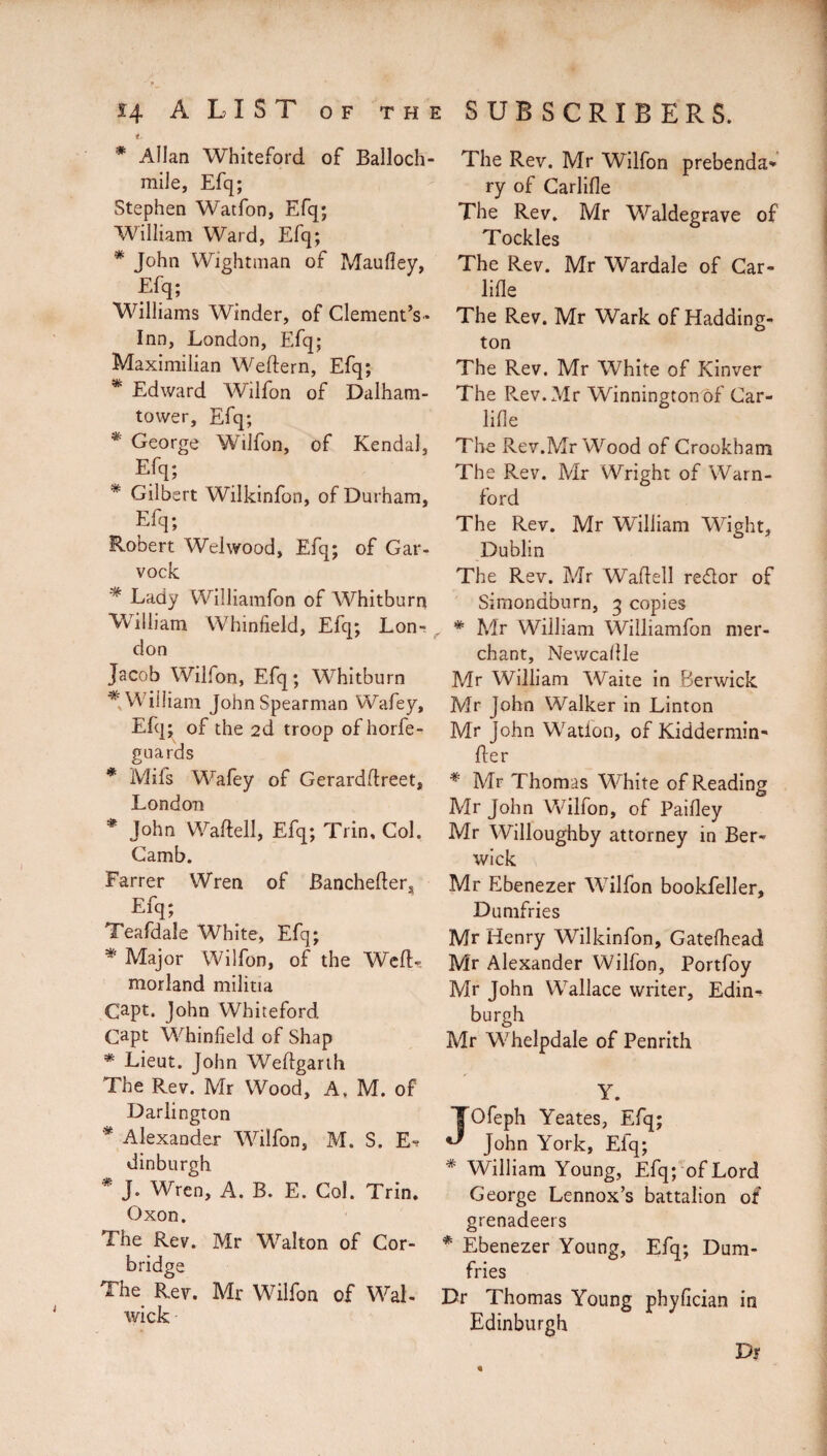* Allan Whiteford of Balloch- mile, Efq; Stephen Watfon, Efq; William Ward, Efq; * John Wightman of Maufiey, Efq; Williams Winder, of Clement’s* Inn, London, Efq; Maximilian Weftern, Efq; * Edward Wilfon of Dalham- tower, Efq; * George Wilfon, of Kendal, Efq; * Gilbert Wilkinfon, of Durham, Efq; Robert Welwood, Efq; of Gar- vock * Lady Williainfon of Whitburn William Whinfield, Efq; Lon¬ don Jacob Wilfon, Efq ; Whitburn * William John Spearman VVafey, Efq; of the 2d troop of horfe- guards * Mils Wafey of Gerardftreet, London * John Waftell, Efq; Trin, Col. Camb. Farrer Wren of Banchefter. Efq; Teafdale White, Efq; * Major Wilfon, of the Weft- morland militia Capt. John Whiteford Capt Whinfield of Shap * Lieut. John Weftgarth The Rev. Mr Wood, A. M. of Darlington * Alexander Wilfon, M. S. dinburgh * J. Wren, A. B. E. Col. Trin. Oxon. The Rev. Mr Walton of Cor- bridge The Rev. Mr Wilfon of Wal- wick The Rev. Mr Wilfon prebenda* ry of Carlifle The Rev. Mr Waldegrave of Tockles The Rev. Mr Wardale of Car¬ lifle The Rev. Mr Wark of Hadding¬ ton The Rev. Mr White of Kinver The Rev. Mr Winnington ôf Car¬ lifle The Rev.Mr Wood of Crookham The Rev. Mr Wright of Warn- ford The Rev. Mr William Weight, Dublin The Rev. Mr Waftell redlor of Simondburn, 3 copies * Mr William Williamfon mer¬ chant, Newcaflle Mr William Waite in Berwick Mr John Walker in Linton Mr John Watfon, of Kiddermin- fter * Mr Thomas White of Reading Mr John Wilfon, of Paifley Mr Willoughby attorney in Ber¬ wick Mr Ebenezer Wilfon bookfeller, Dumfries Mr Henry Wilkinfon, Gatefhead Mr Alexander Wilfon, Portfoy Mr John Wallace writer, Edin¬ burgh Mr Whelpdale of Penrith Y. PEeph Yeates, Efq; John York, Efq; * William Young, Efq; of Lord George Lennox’s battalion of grenadeers * Ebenezer Young, Efq; Dum¬ fries Dr Thomas Young phyfician in Edinburgh Dy «