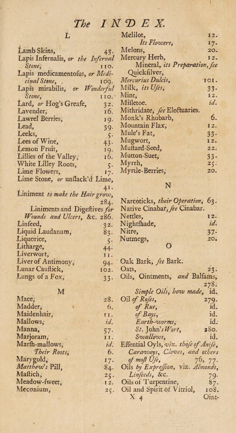 L Melilot, 12. Lamb Skins, 43. Lapis Infernalis, or the Infernal Stone; 110. Lapis medicamentofus. or Medi- cinal Stone, 10b. Lapis m'irabilis, or Wonderful Stone, 110. Lard, or Hog’s Greafe, 32. Lavender, 16. Lawrel Berries, 19: Lead, 39- Leeks, 5. Lees of Wine, 43- Lemon Fruit, 19. Lillies of the Valley; 16. White Lflfey Roots, 5 • Lime Flowers, 17. Lime Stone, or unflack’d Lime, Liniment to make the Hair grow, 284. TP- * • 4 w-w ft m * Liniments and Digeftives for Wounds iand Ulcers, Sec. 286. Linfeed, 32. Liquid Laudanum, 83. Liquorice, 5- Litharge, 44. Liverwort, 11. Liver of Antimony, 94 Lunar Cauftick, 102. Lungs of a Fox, 33 Its Flowers, *7- Melons, 20. Mercury Herb, 12. Mineral, its Preparation, fee Quickfilver, Mercurius Dulcis, 101. Milk, its Ufes, 33» Mint, 12. Mifletoe. id. Mithridate, fee Electuaries. Monk’s Rhubarb, 6. Mountain Flax, 12. Mule’s Fat, 33“ Mug wort. 12. Multard-Seed, 22. Mutton-Suet, 33- Myrrh, 25. Adyrtle-Berries, 20. N Narcoticks, their Operation, 63. Native Cinabar,yb? Cinabar. Nettles, 12. Nightfliade, id. Nitre, 37* Nutmegs, 20, O Oak Bark, fee Bark. Oats, 23. Oils, Ointments, and Balfams, M Mace; 28. Madder, ■* 6. Maidenhair, r 1. Mallows; id. Manna, 57. Marjoram, . 11. Marfh-mallows, id. Their Roots $ 6. Marygold, 17. Matthew's Pill, 84. Maltich, 25. Meadow-fweet, 12. Meconium, 25. .278. Simple Oils, how made, id. Oil of Rofes, 279. tf Rue, id. of Bays, id. Earth-worms; id; St. John's Wort, 3S0. Swallows, id. Eflential Oyls, <viz. thofe of Anife, Caraways, Clowes, and others ofmoftUfe, _ 76, 77. Oils by Exprejjion, viz. Almonds, Einfeeds, Sec. 79. Oils of Turpentine, 87. Oil and Spirit of Vitriol, 108.