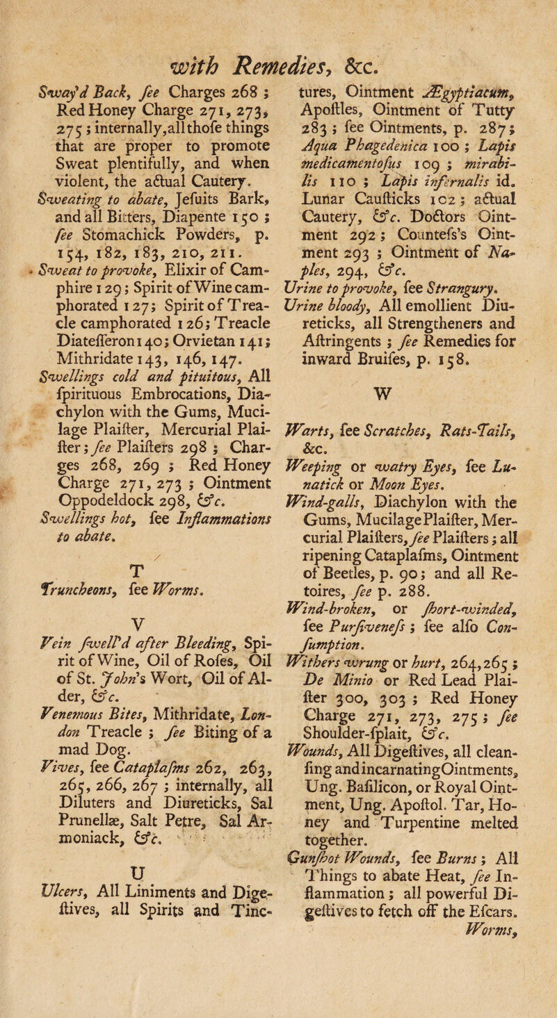 Sway'd Back, fee Charges 268 ; Red Honey Charge 271, 273, 275; internally ,allthofe things that are proper to promote Sweat plentifully, and when violent, the adtual Cautery. Sweating to abate, Jefuits Bark, and all Bitters, Diapente 150 ; fee Stomachick Powders, p„ 154, 182, 183, 210, 211. * Sweat to provoke. Elixir of Cam- phire 129; Spirit of Wine cam¬ phorated 127; Spirit of Trea- cle camphorated 126; Treacle Diatefteron 140; Orvietan 141 j Mithridate 143, 146,147. Swellings cold and pituitous. All fpirituous Embrocations, Dia- chylon with the Gums, Muci¬ lage Plaifter, Mercurial Plai¬ ner; fee Plaifters 298 ; Char¬ ges 268, 269 ; Red Honey Charge 271,273 ; Ointment Oppodeldock 298, &c. Swellings hot, fee Inflammations to abate. / T truncheons, fee Worms. y Vein fweird after Bleeding, Spi¬ rit of Wine, Oil of Rofes, Oil of St. John!s Wort, Oil of Al¬ der, &c. Venemous Bites, Mithridate, Lon¬ don Treacle ; fee Biting of a mad Dog. Fives, fee Cataplafms 262, 263, 265, 266, 267 ; internally, all Diluters and Diureticks, Sal Prunellae, Salt Petre, Sal Ar- moniack, &c. *•'' U Ulcers, All Liniments and Dige- ftives, all Spirits and Tinc¬ tures, Ointment JEgyptiacum, Apoftles, Ointment of Tutty 283 ; fee Ointments, p. 287; Aqua Phagedenica 100 ; Lapis medicamentofus 109 ; mirabi- Us no; Lapis inf emails id. Lunar Caufticks 102; actual Cautery, &c. Dodtors Oint¬ ment 292; Countefs’s Oint¬ ment 293 ; Ointment of Na¬ ples, 294, &c. Urine to provoke, fee Strangury. Urine bloody, All emollient Diu¬ reticks, all Strengtheners and Aftringents ; fee Remedies for inward Bruifes, p. 158. W Wartsy fee Scratches, Rats-Tails, Sec. Weeping or watry Eyes, fee Lu- natick or Moon Eyes. Wind-galls, Diachylon with the Gums, Mucilage Plaifter, Mer¬ curial Plaifters, fee Plaifters; all ripening Cataplafms, Ointment of Beetles, p. 90; and all Re- toires, fee p. 288. Wind-broken, or fhort-winded, fee Purfivenefs; fee alfo Con- fumption. Withers wrung or hurt, 264,265 ; De Minio or Red Lead Plai¬ fter 300, 303 ; Red Honey Charge 271, 273, 275 ; fee Shoulder-fplait, &c. Wounds, All Digeftives, all clean- fing andincarnatingOintments, Ung. Bafilicon, or Royal Oint¬ ment, Ung. Apoftol. Tar, Ho¬ ney and Turpentine melted together. Gunfbot Wounds, fee Burns; All Things to abate Heat, fee In¬ flammation ; all powerful Di¬ geftives to fetch off the Efcars. Worms«