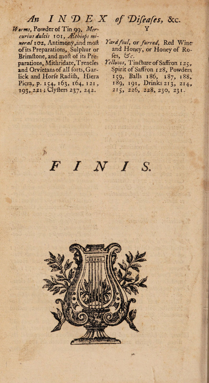 Jferms, Powder of Tin 99, Mer- curius dulcis 101, JYthiops mi¬ neral 1 ozy Antimony ,and moil ©fits Preparations, Sulphur or Brimftonc, and moft of its Pre¬ parations, Mithridate,TreacIes and Orvietans of all forts, Gar- lick and Horfe Radilh, Hiera Picra, p. 154, 163, 164, 121, 193, 221; Clyfters 237, 242. Y Yard fouly or furred\ Red Wine and Honey, or Honey of Ro- fes, iffc. Yellows, Ti 11fture of Saffron r 25, Spirit of Saffron r z8. Powders 159, Balls 186, 187, 188, 189, 191, Drinks 213, 214, 215, 226, 228,230, 231. FINIS.