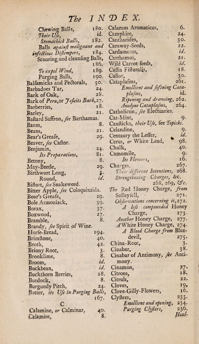 Chewing Balls, 180. V Their Ufe, «*• Stomachick Balls, 182. Balls againfl malignant and infectious Diftempers, 184. Scouring and cleaning Balls, 186, To £*/&gt;&lt;?/ Wind, 189. Purging Balls, 190,. Balfamicks and Pedorals, 5°. Barbadoes Tar, 24. Bark of Oak, 28. Bark of Peru3ox Jefuits Bark,zj. Barberries, 18. Barley, 21. Ballard Saffron3fee Barthamus. Baum, 8. Beans, 21. Bear’s Greafe, 29. Beaver, fee Caftor. Benjamin, 24. Its Preparations, 81. Betony, 8. May-Beetle, 29. Birthwort Long, 3- Round, - id. Biftort, fee Snakeweed. Bitter Apple, fee Coloquintida. Boar’s Greafe, 29. Bole Armoniack, 39- Borax, 37- Boxwood, 27. Bramble, 8. Brandy, fee Spirit of Wine. Horfe-Bread, 194. Brimltone, 40. Broth, 42. Briony Root, 3 ■ Brooklime, 8. Broom, id. Buckbean, id. Buckthorn Berries, 18. Burdock, 8. Burgundy Pitch, 24. Butter, its Ufe in Purging Balls, 167. c Calamine, or Calminar, 40. jCalajnint, 8» Calamus Aromaticus, 6. Camphire, 24, Cantharides, 30. Caraway-Seeds, 22. Cardamoms, id. Carthamus, 21. Wild Carrot feeds, id. Cadia FifturaUs, 18. Cailor, 3°* Cataplafms, 261. Emollient and foftning Cata¬ plafms, id. Ripening and drawing, 262. Anodyne Cataplafms, 264. Cathoiicon, fee Eleduaries. Cat-Mint, _ 9« Caufticks, their Ufe, fee Topicks. Celandine, 9- Centaury the Lelfer, id. Cerus, or White Lead, 98, Chalk, 4°5 Camomile, 9* Its flowers, 16. Charges, 267. Their different Intentions, 268. Strengthening Charges, &amp;c. 268, 269, Cfr. 77^ Red Honey Charge, from Solleyfell, 271. Observations concerning it, 27 2. ^7 A/} compounded Honey Charge, 273. Another Honey Charge, 277. White Honey Charge, 274. ^ Blood Charge from Blun* devil, 275* China-Root, 3* Cinabar, 3^* Cinabar of Antimony, fie Anti¬ mony . Cinamon, 27. Citrons, 18. Citruls, 22. Cloves, *9» Clove-Gilly-Flowers, 16. Cly Iters, 233 = Emollient and opening, 234- Purging Ch tiers, 236.