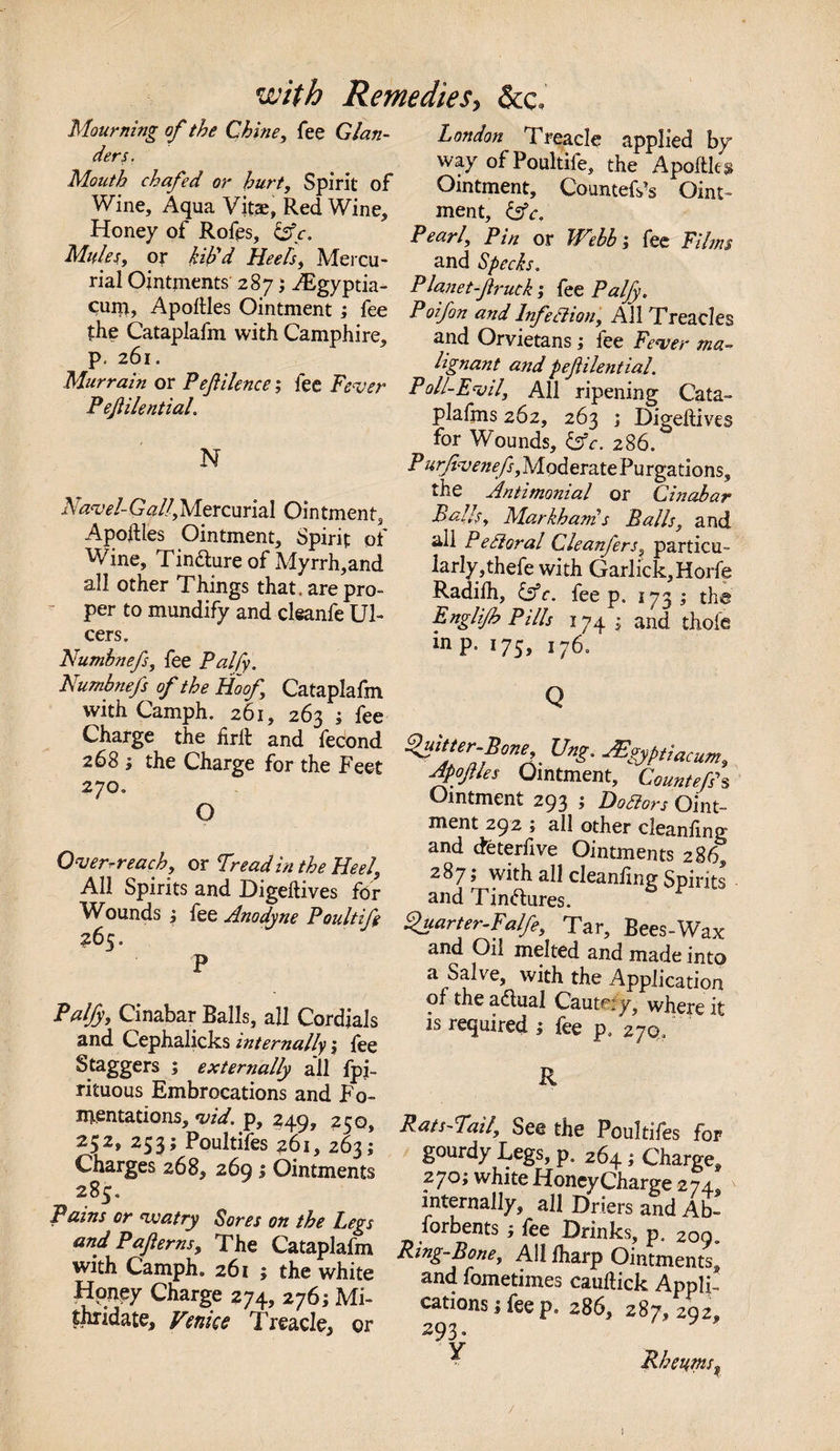 Mourning of the Chine, fee Glan¬ ders. Mouth chafed or hurt, Spirit of Wine, Aqua Vitae, Red Wine, Honey of Rofes, &amp;c. Mules, or kib'd Heels, Mercu¬ rial Ointments 287; AEgyptia- cum, Apoltles Ointment ; fee the Cataplafm with Camphire, p. 261. Murrain or Pejiilence; fee Fever Pejiilential. N Navel-Gall,Mercurial Ointment, Apoftles Ointment, Spirit of Wine, Tindlureof Myrrh,and all other Things that, are pro¬ per to mundify and cleanfe Ul¬ cers. Numhnefs, fee Palfy. Numbnefs of the Hoof Cataplafm with Camph. 261, 263 , fee Charge the frit and fecond 268 ; the Charge for the Feet 270. O Over-reach, or Tread in the Heel, All Spirits and Digeltives for Wounds j fee Anodyne Poultij} 265. P Palfy, Cinabar Balls, all Cordials and Cephalicks internally \ fee Staggers ; externally all fpi- rituous Embrocations and Fo¬ mentations, vid. p, 249, 230, 252, 253; Poultifes 261, 263; Charges 268, 269 ; Ointments 285. Pains or veatry Sores on the Legs and Paflerns, The Cataplafm with Camph. 261 ; the white Ffoney Charge 274, 276; Mi- thridate, Venice Treacle, or London Treacle applied by way of Poultife, the Apoftle$ Ointment, Counters Oint¬ ment, &amp;c. Pearl, Pin or Webb; fee Films and Specks. Planet-fruck; fee Palfy. Poifon and Infection, All Treacles and Orvietans ; fee Fever ma¬ lignant and pejiilential. Poll-Evil, All ripening Cata- plafms 262, 263 ; Digeltives for Wounds, &amp;c. 286. Purfivenefs,Moderate Purgations, the Antimonial or Cinabar Balls, Markham's Balls, and all Peiioral Cleanfers, particu¬ larly,thefe with Garlick,Horfe Radilh, &amp;c. fee p, 173 ; the Englijh Pills 174 • and thole inp. 175, 176. Q ffuitter-Bone Ung. AEgyptiacum, Apofies Ointment, Countefs's Ointment 293 ; Dofiors Oint¬ ment 292 ; all other cleanling and deterfive Ointments 286^ 287; with all cleanling Spirits and Tinctures. Quarter-Falfe, Tar, Bees-Wax and Oil melted and made into a Salve, with the Application of the adtual Cautci y. where if is required i fee p. 27Q/ R Rats-Fail, See the Poultifes for gourdy Legs, p. 264; Charge, 270; white HoneyCharge 274, internally, all Driers and Ab- forbents ; fee Drinks, p. 209 Ring-Bone, All lharp Ointments, and fometimes cauftick Appli! cations; fee p. 286, 287,292, 293. ^ Rheum9 /