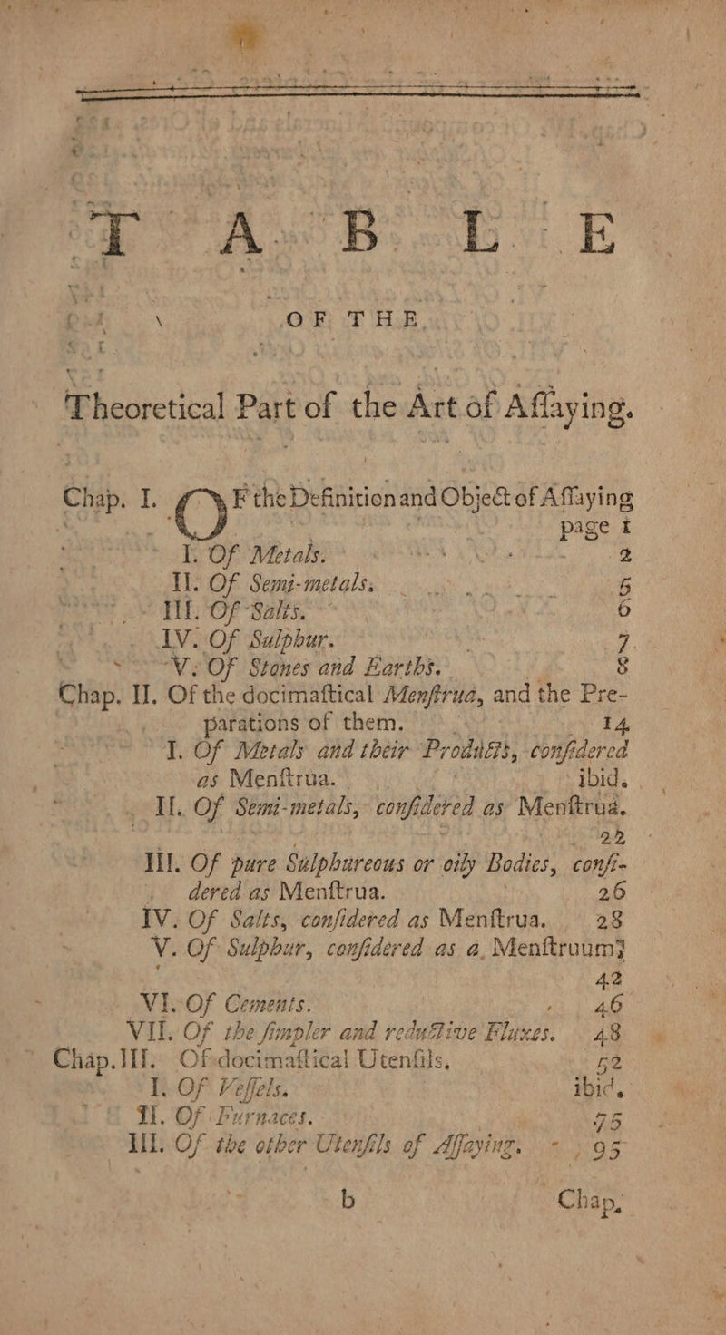 ae Wen D Dua ae OF THE. D Bhepretical Part of. the Art af Aflaying. Chap. I. Fthe eDefinition and Obje&amp; of Affaying in page i I. Of Metals. 2 Il. Of Semp-metals. E DL ES 6 IV. Of Sulphur. SW OF Stones and Earths. 8 i II. Of the docimafttical Menfirua, and the Pre- | parations of them. I 4, T. Of Metals and their Prodisgs, confidered as Menftrua. | ibid. . godt, Of Semi- metals,” confic idered as Menftrua. | 25 III. Of pire Sulphureous or oily Bodies, confi. . dered as Menftrua. 26 IV. Of Salts, confidered as Meniicus. 28 V. Of Sulphur, confidered as a, Menttruum} 42 VI. of Cements. Reet VII. Of the fimpler and reduffive Fluxes. . 48 — Chap. il. Jf-docimaftical Utenfils, 52 I. Of Veffels. ibid. 1I. Of. Furnaces. | 55 Bn Of the orber Utenfils of Affaying. MIT dra b | ^ Chap,